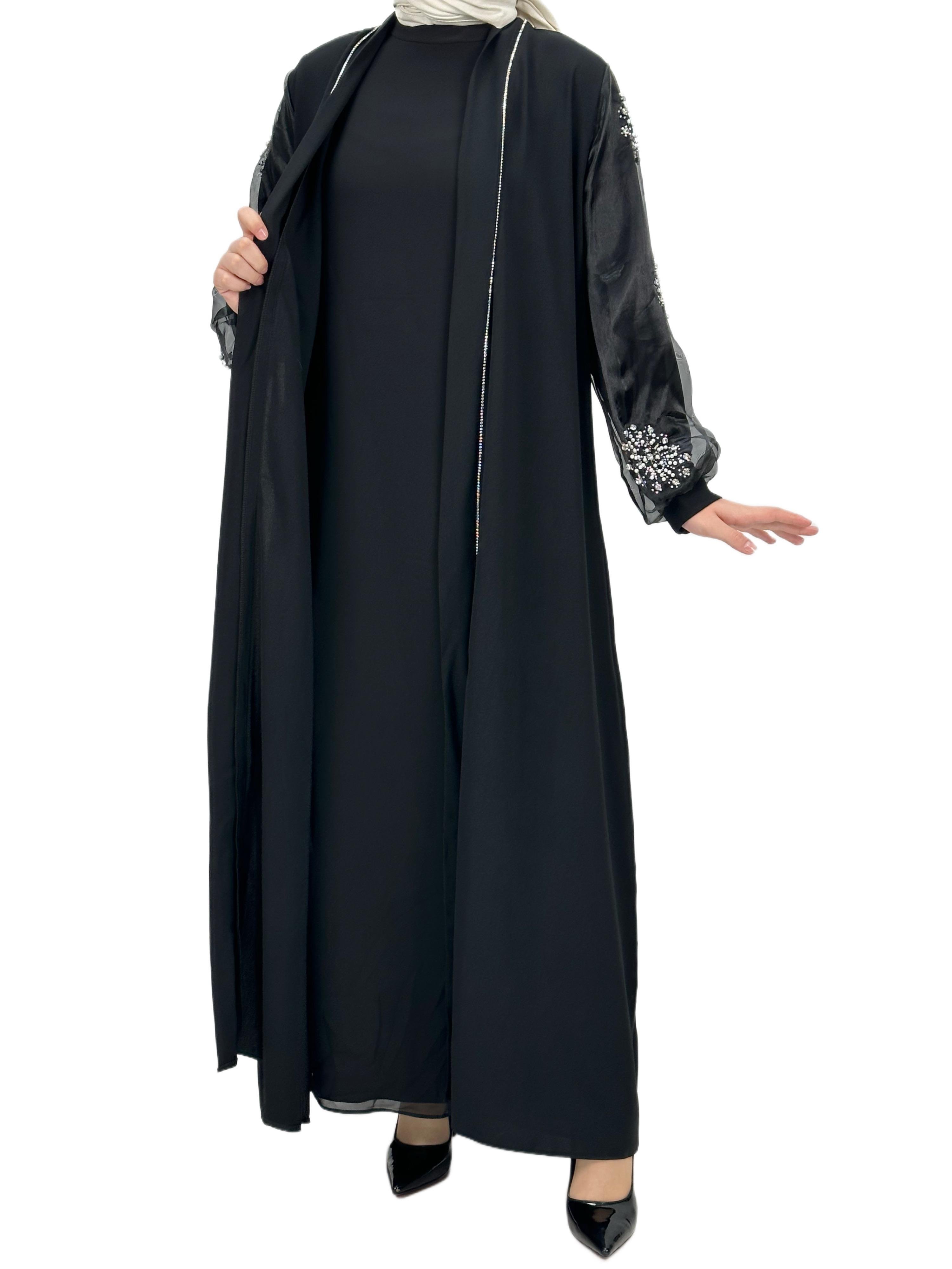 Kolları İncili Abaya Siyah OTW4275