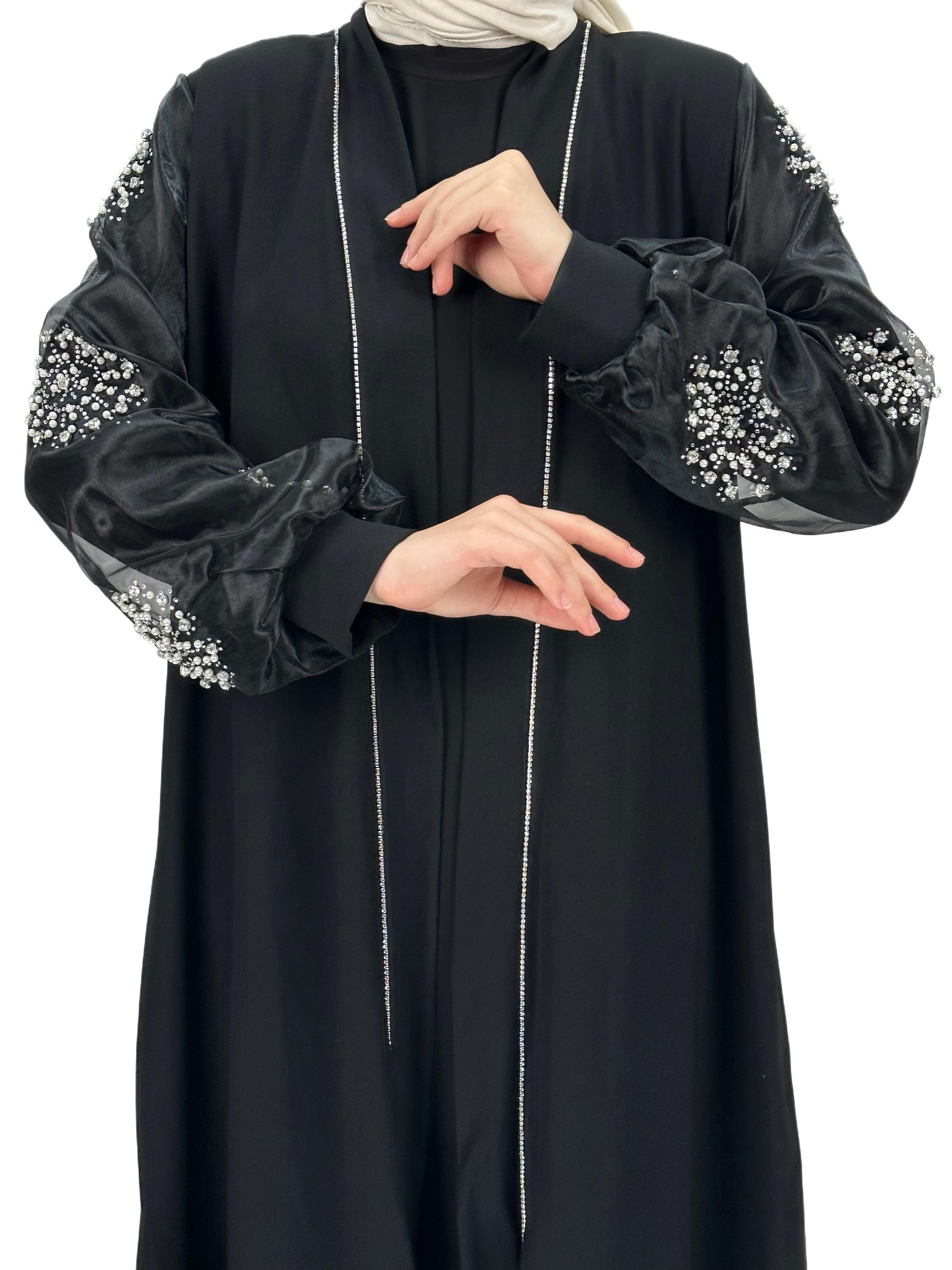 Kolları İncili Abaya Siyah OTW4275