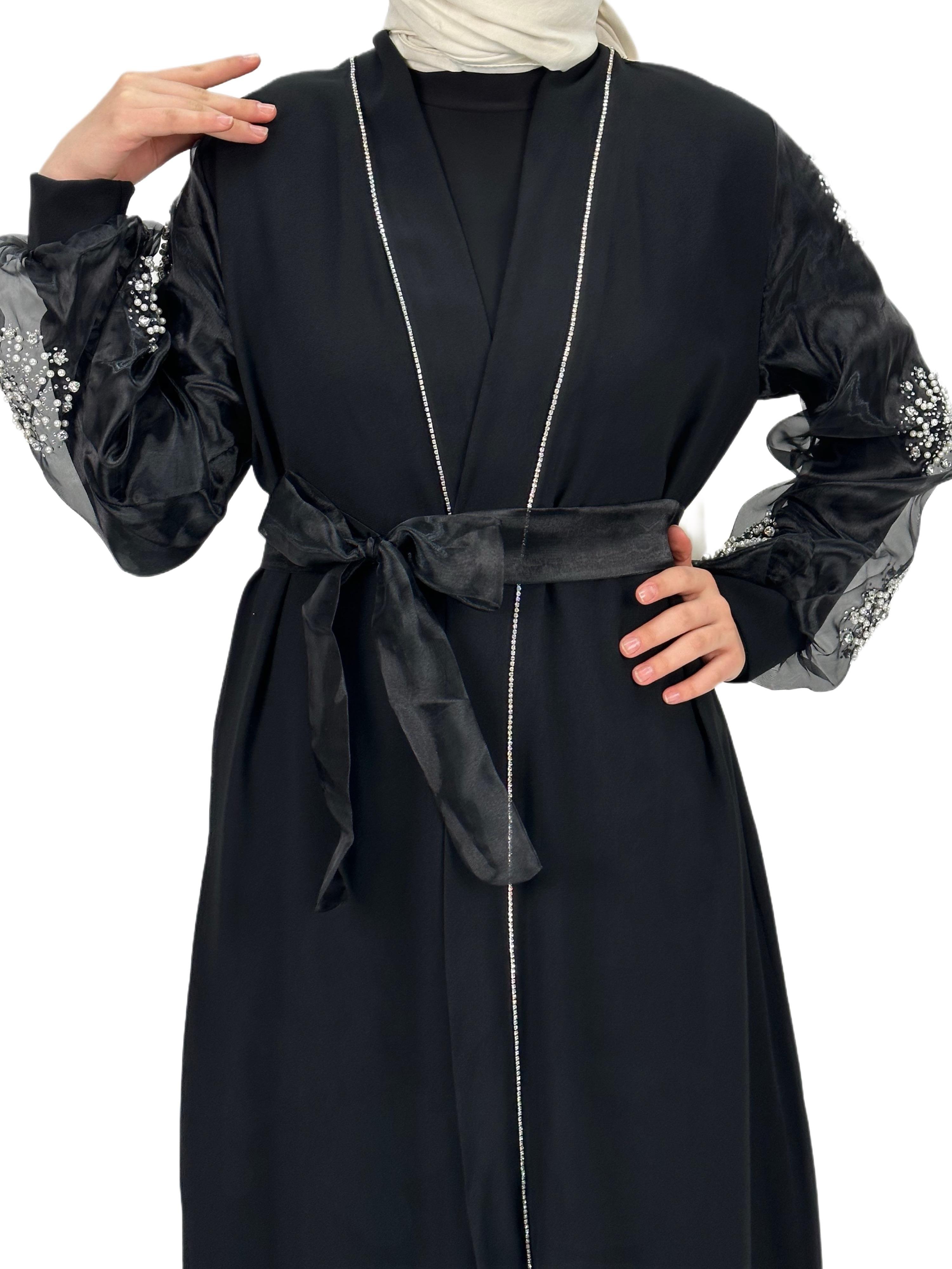 Kolları İncili Abaya Siyah OTW4275