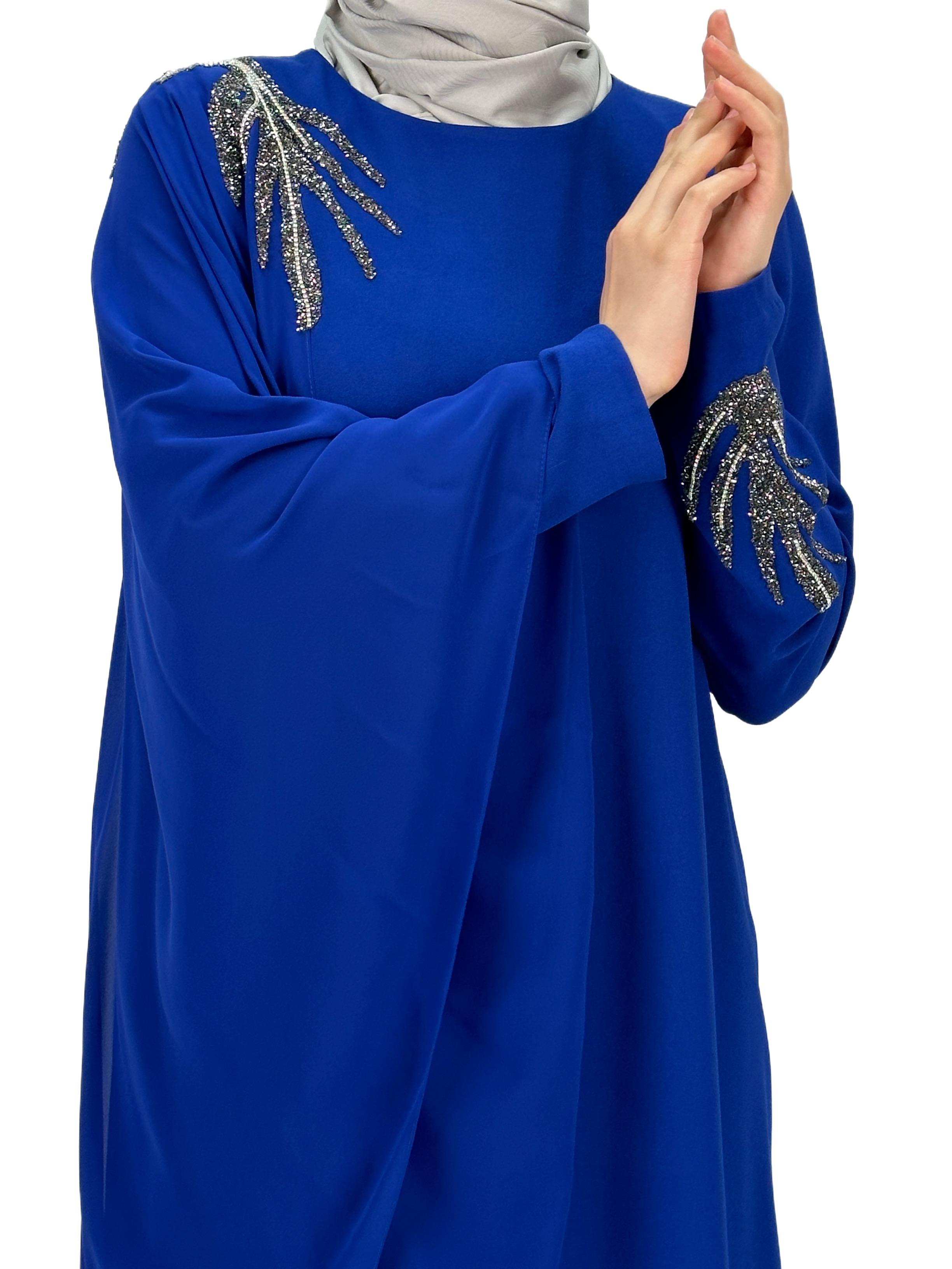 Kolu Şifonlu Abiye Elbise Saks OTW4297