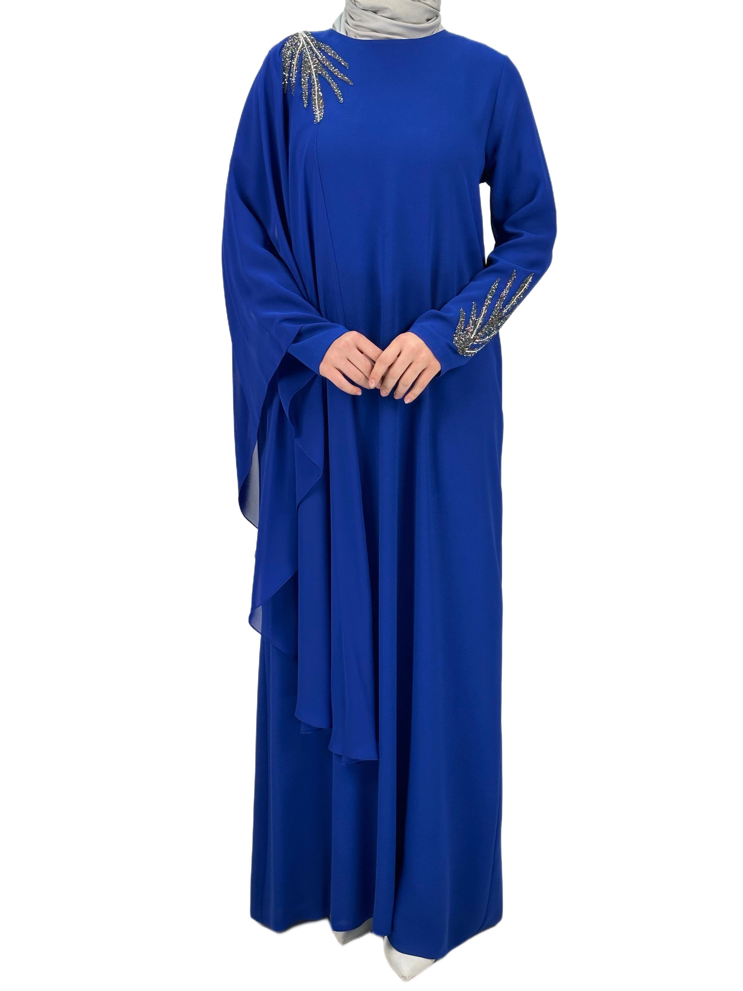 Kolu Şifonlu Abiye Elbise Saks OTW4297