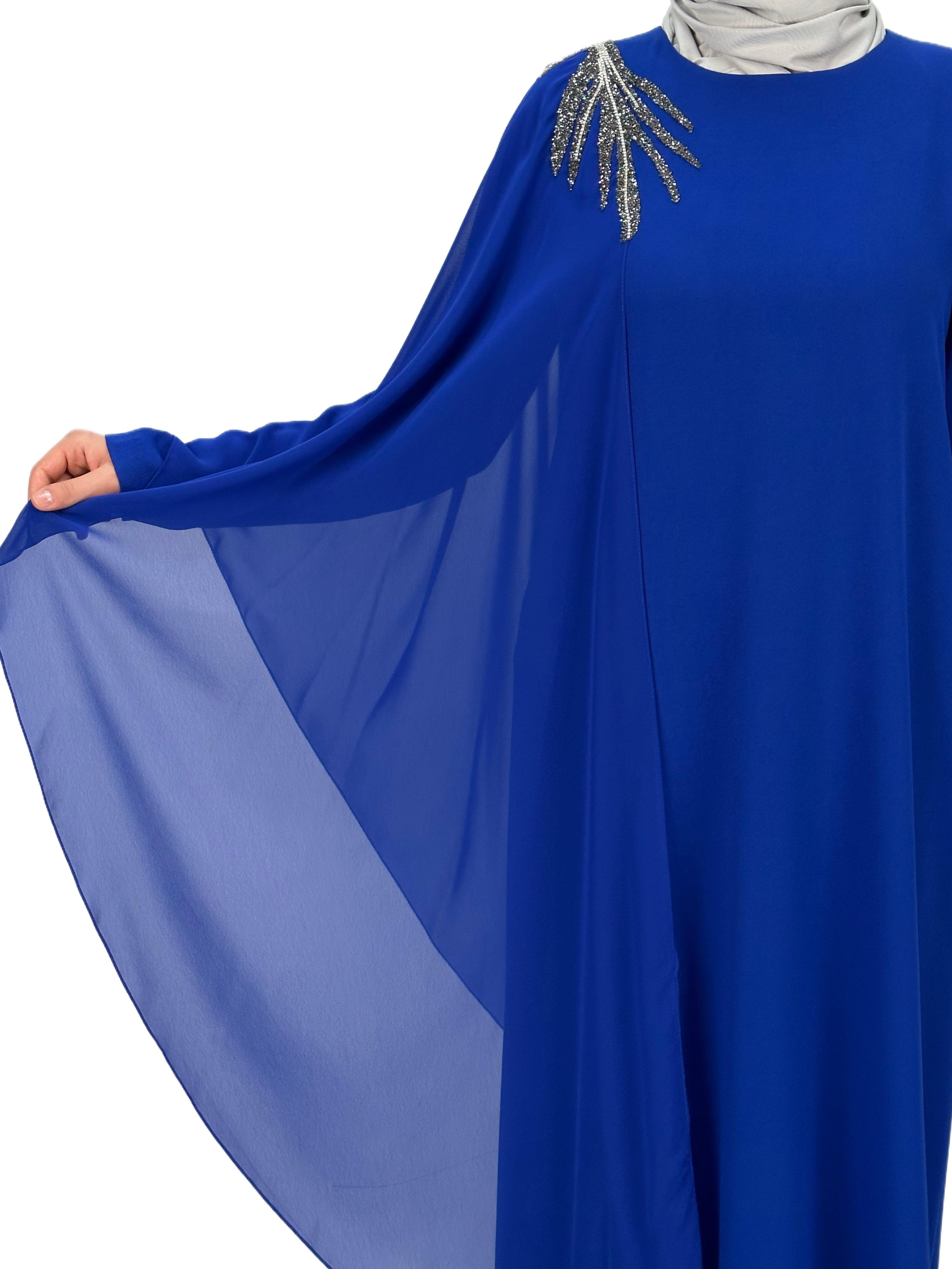 Kolu Şifonlu Abiye Elbise Saks OTW4297