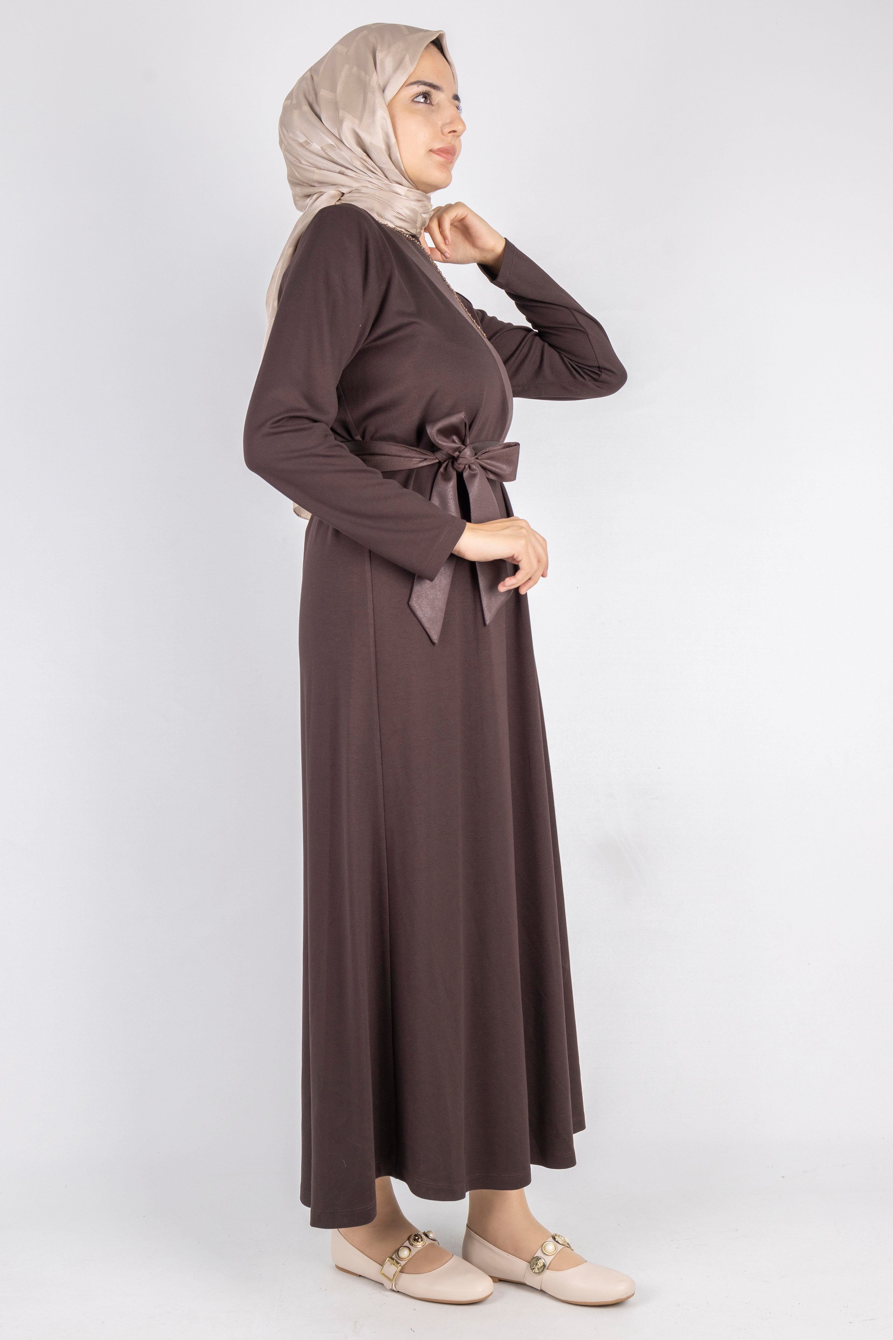 Kurdele Kuşak Ve Taş Detaylı Elbise Kahve OTW1741