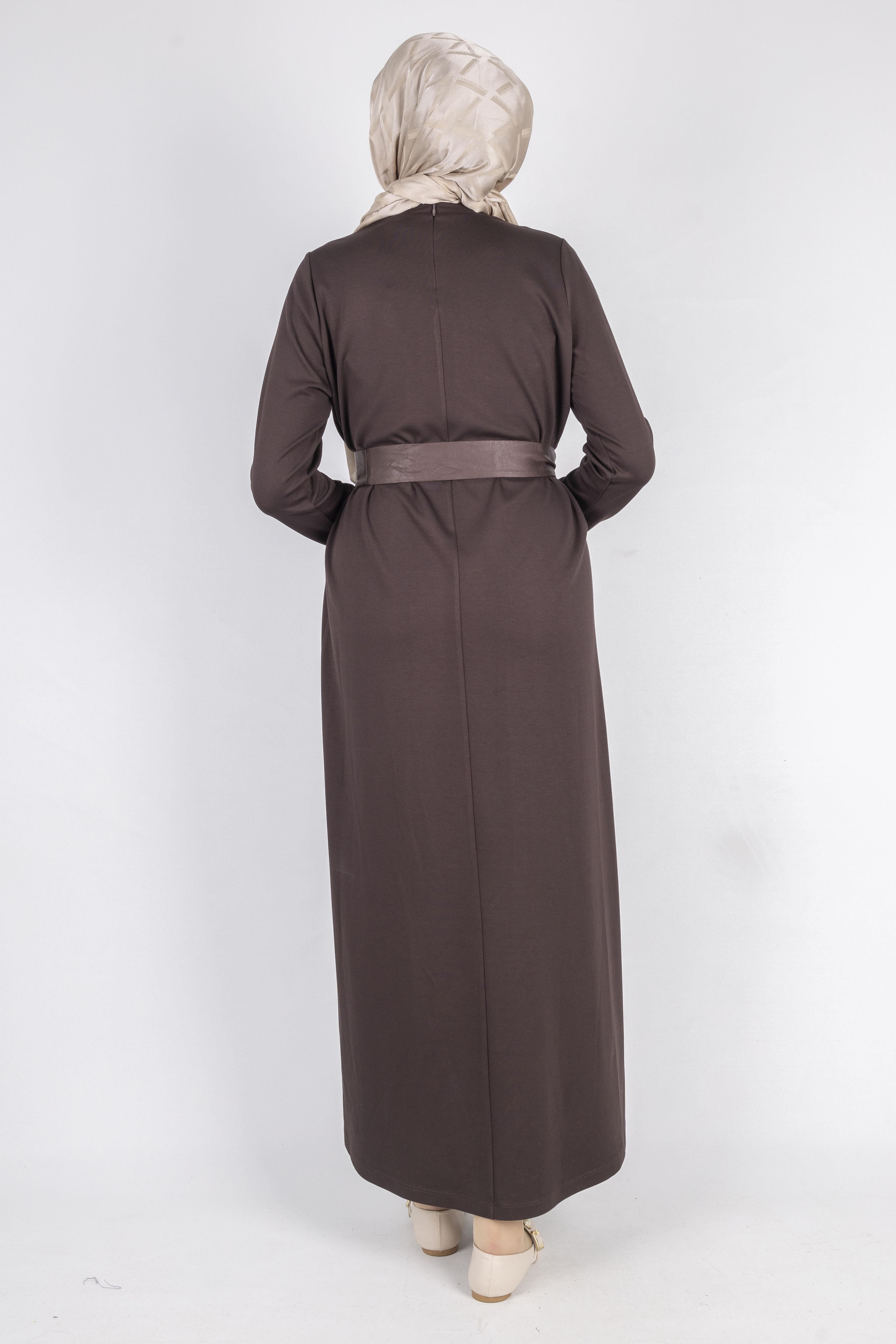 Kurdele Kuşak Ve Taş Detaylı Elbise Kahve OTW1741