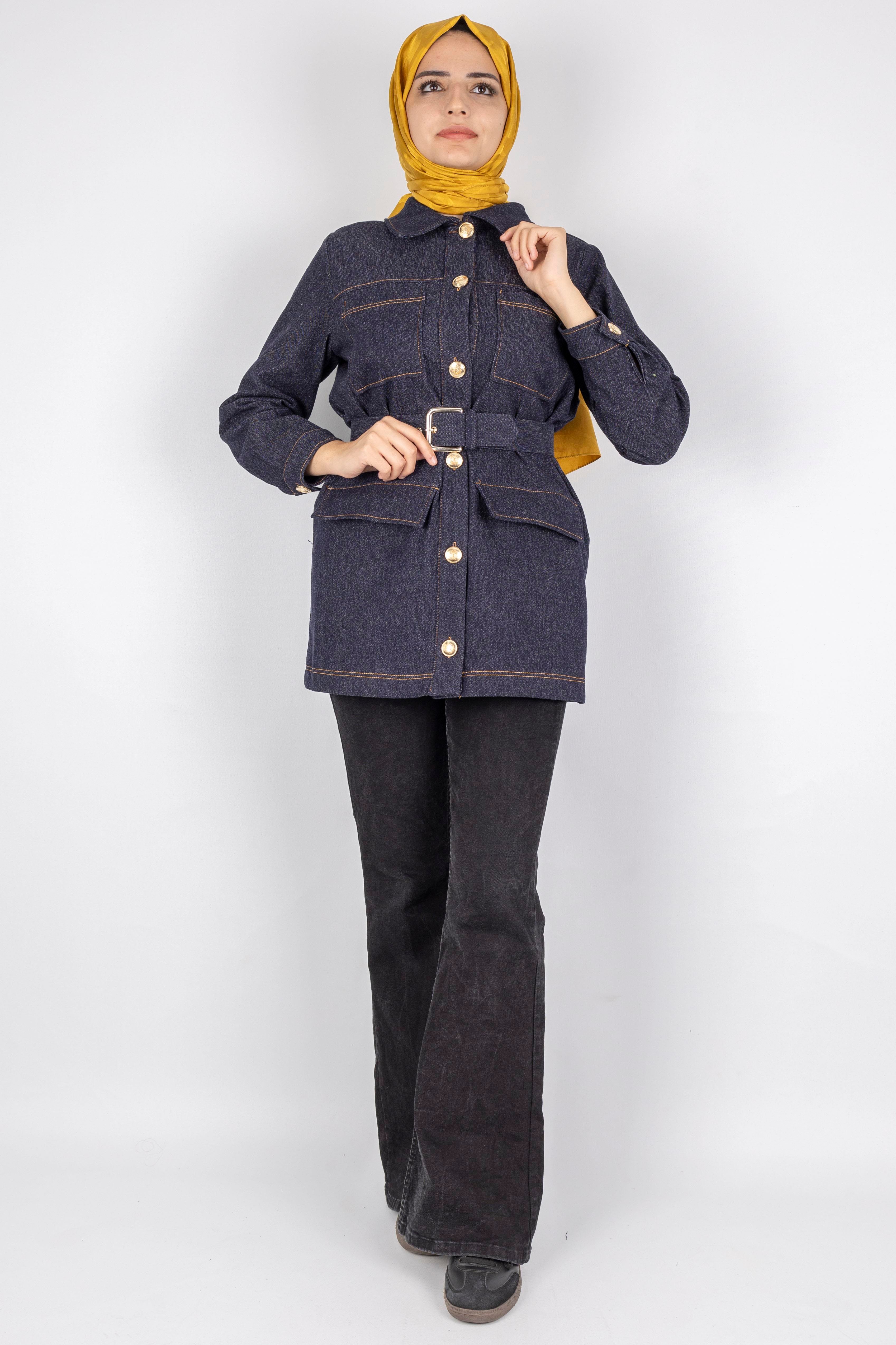 Kuşaklı Cepli Denim Ceket Mavi OTW9263