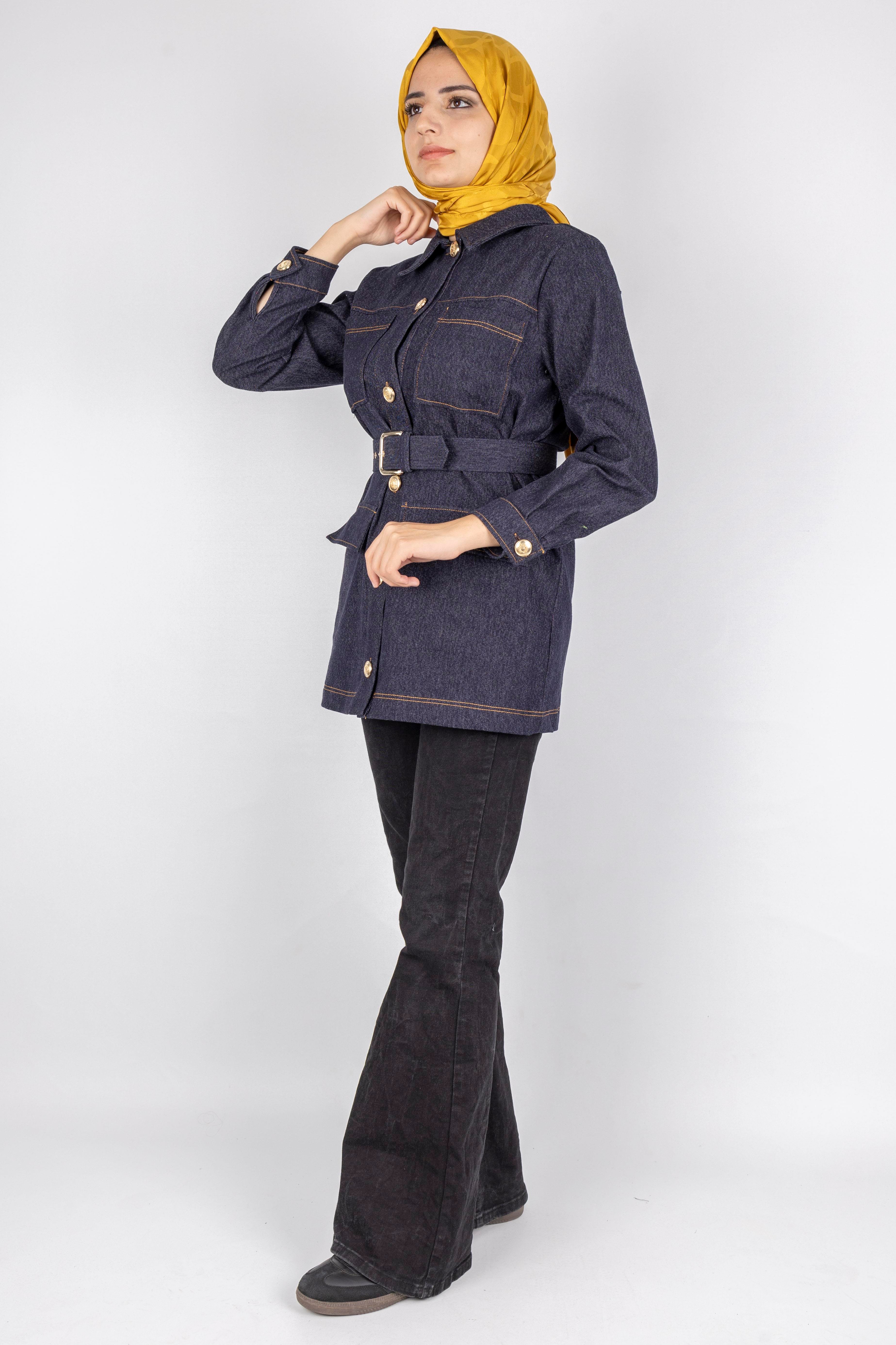 Kuşaklı Cepli Denim Ceket Mavi OTW9263