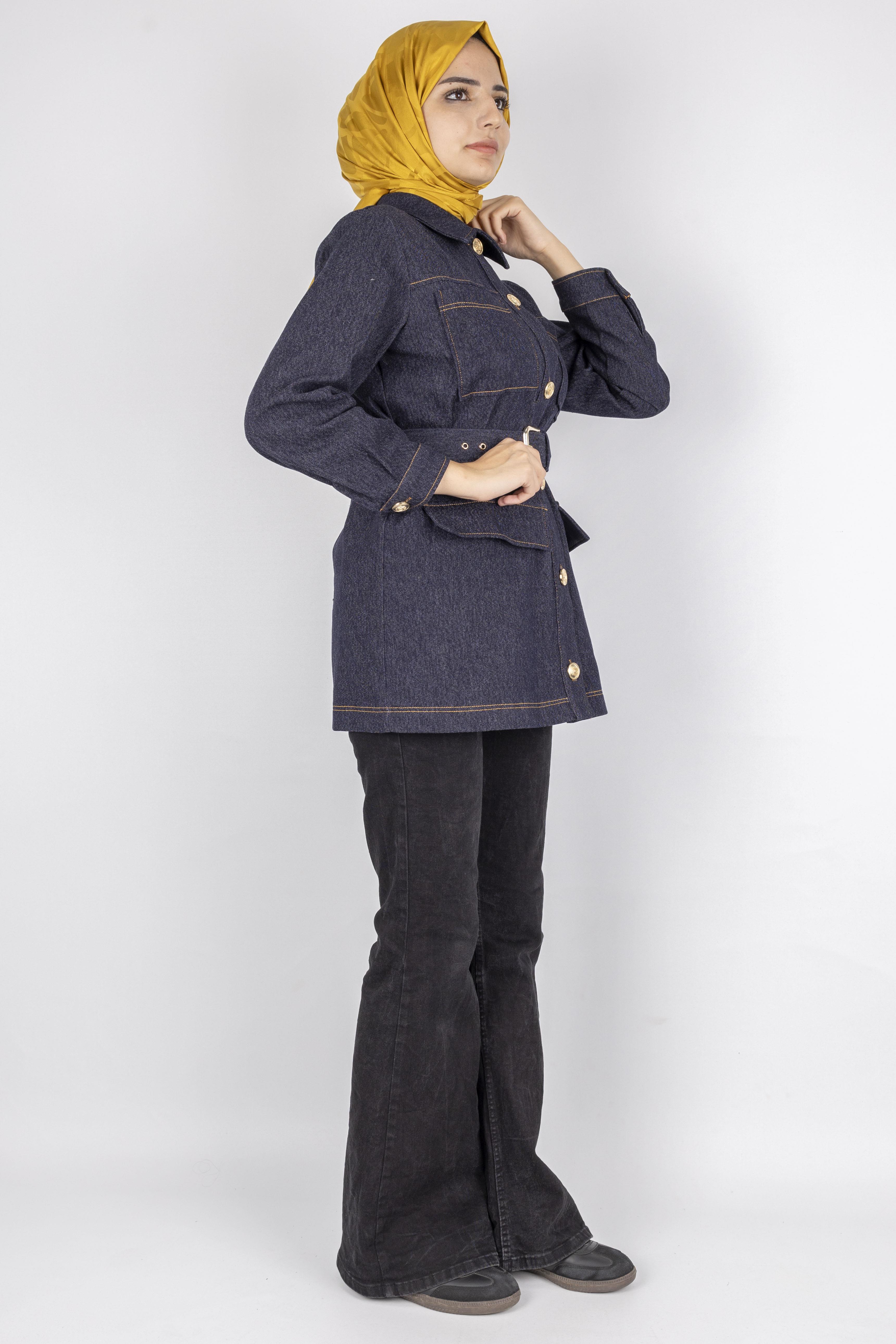 Kuşaklı Cepli Denim Ceket Mavi OTW9263