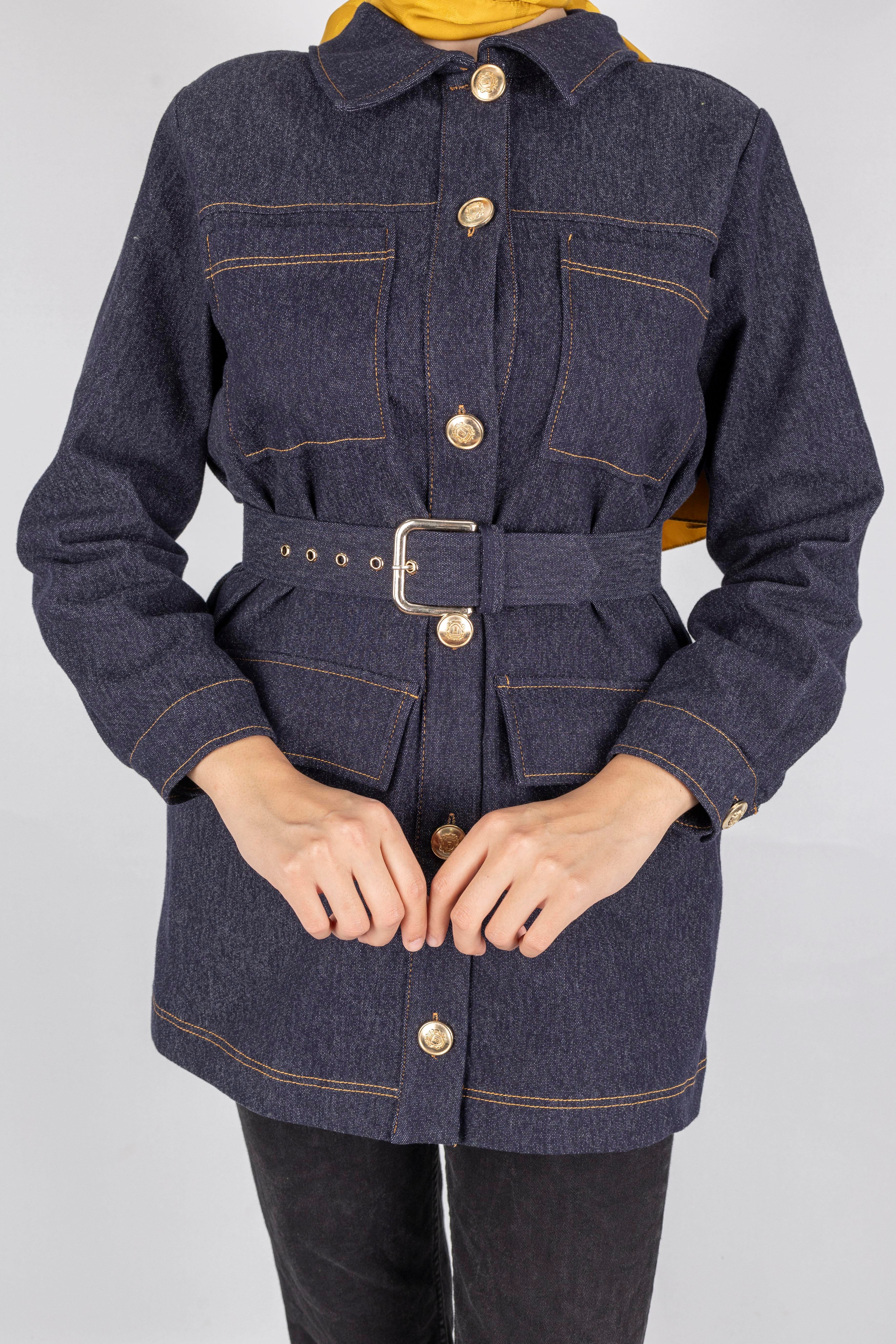 Kuşaklı Cepli Denim Ceket Mavi OTW9263