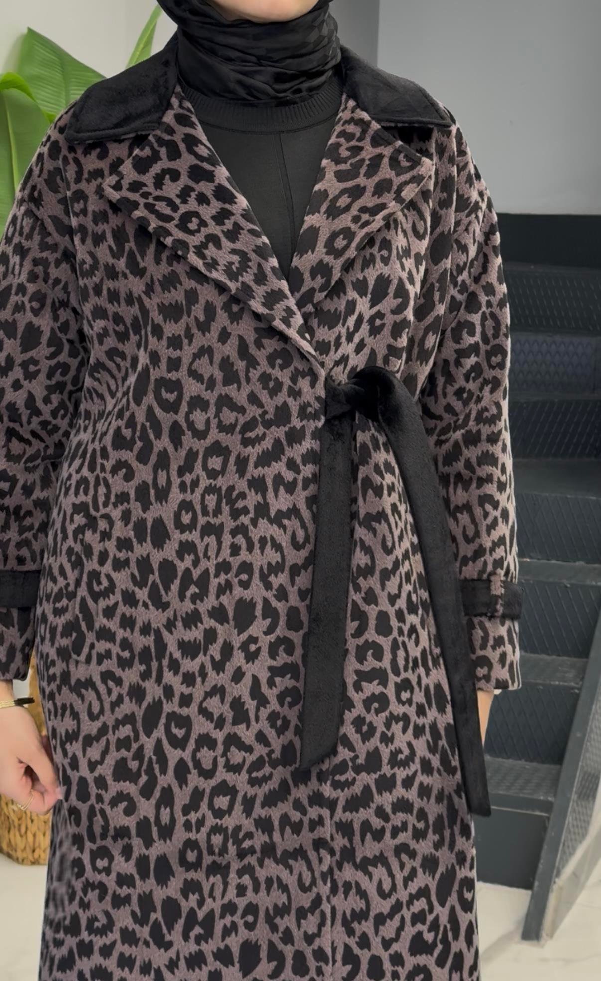 Leopar Bağlamalı Kaban Kahve OTW3040