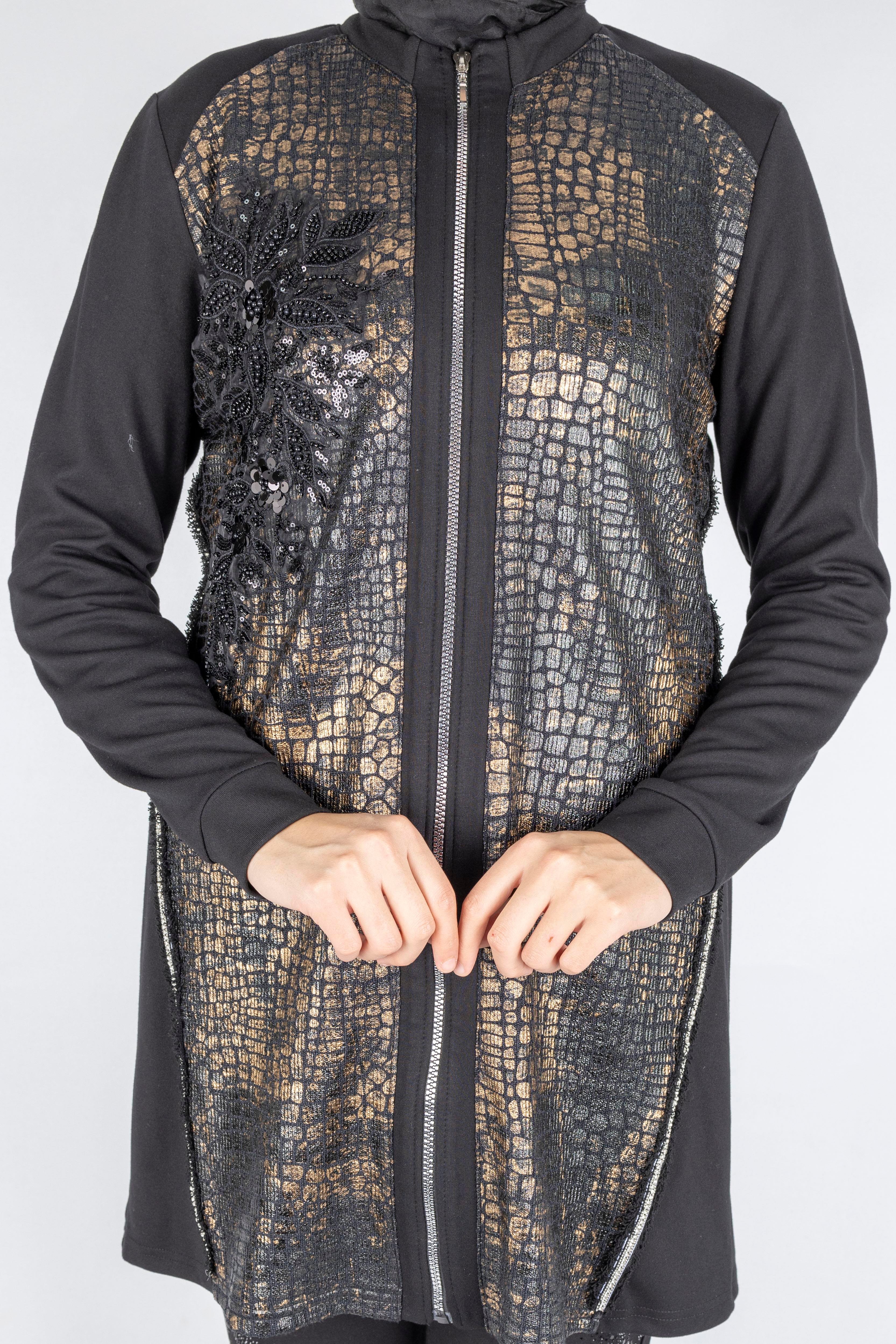 Leopar Desen Nakış Detaylı Fermuarlı Ceket Siyah OTW4024