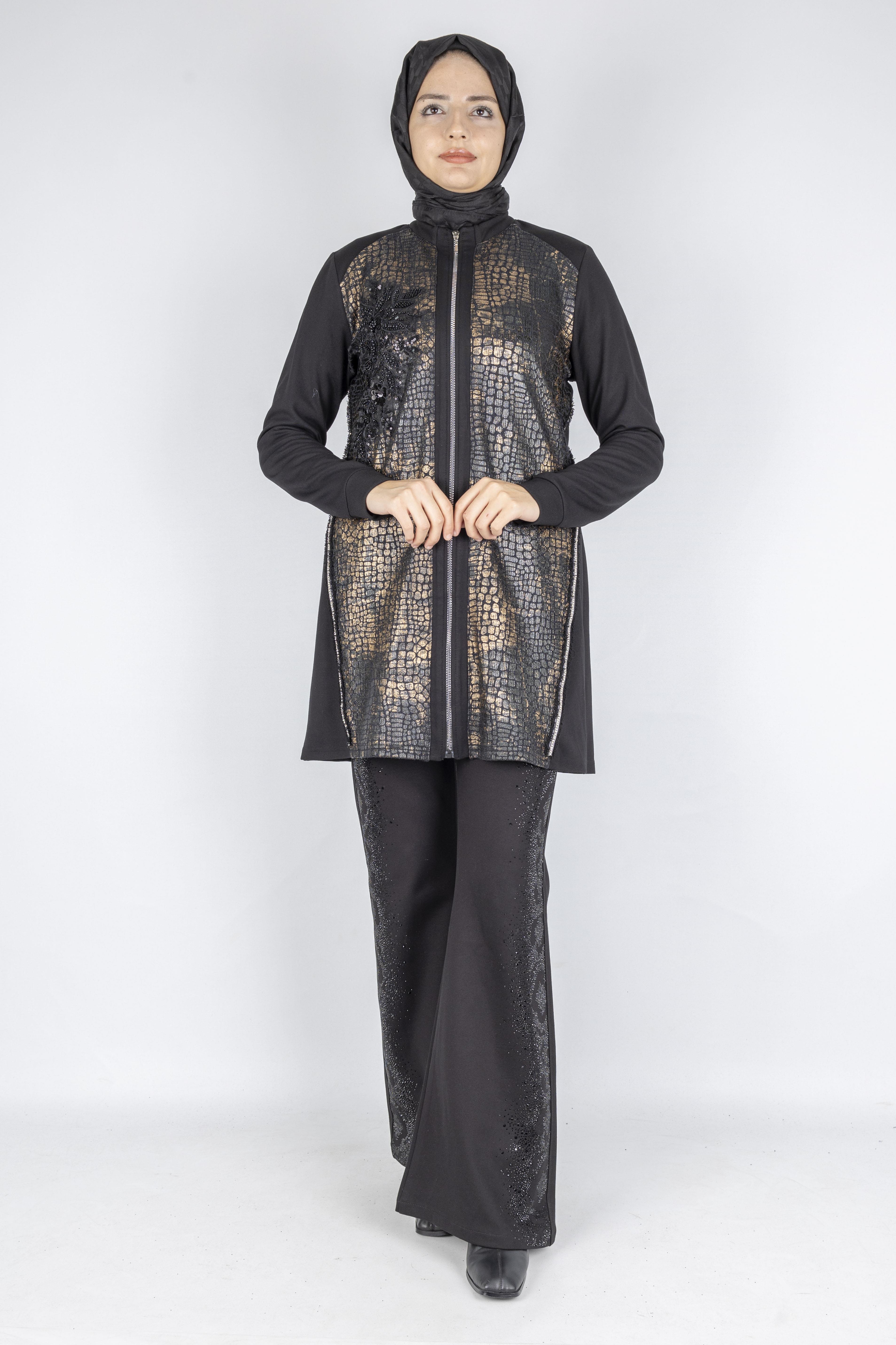 Leopar Desen Nakış Detaylı Fermuarlı Ceket Siyah OTW4024