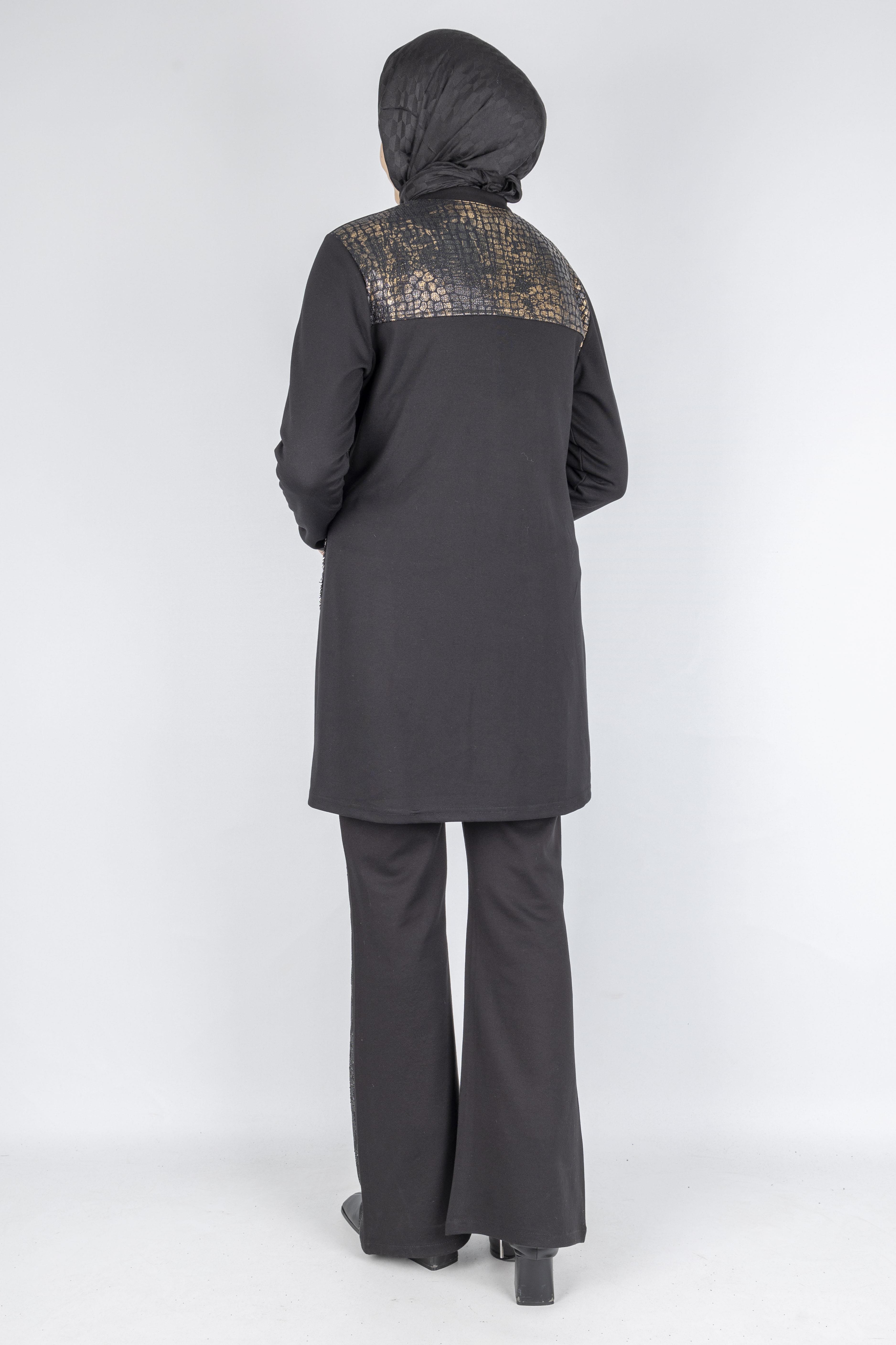 Leopar Desen Nakış Detaylı Fermuarlı Ceket Siyah OTW4024