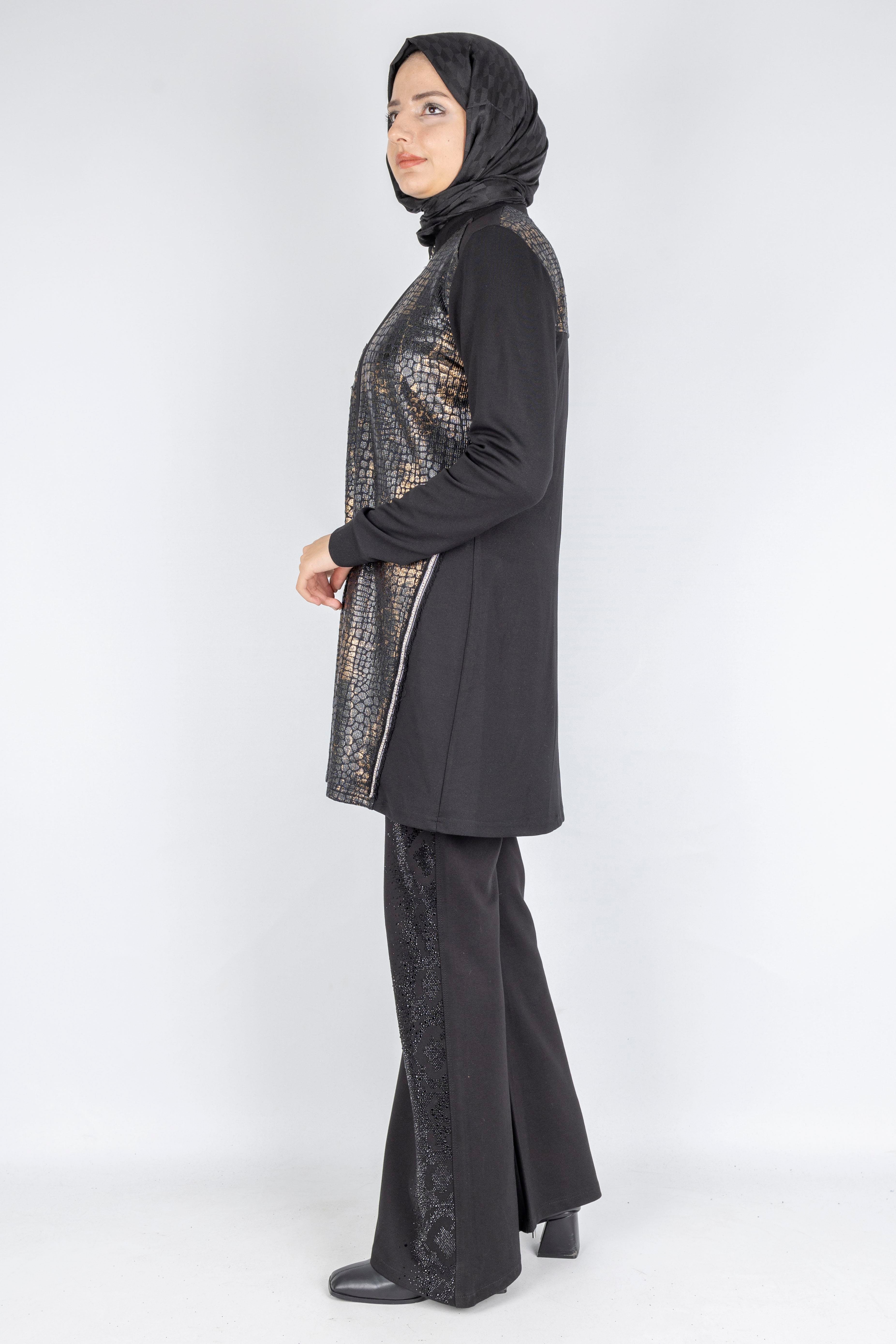 Leopar Desen Nakış Detaylı Fermuarlı Ceket Siyah OTW4024