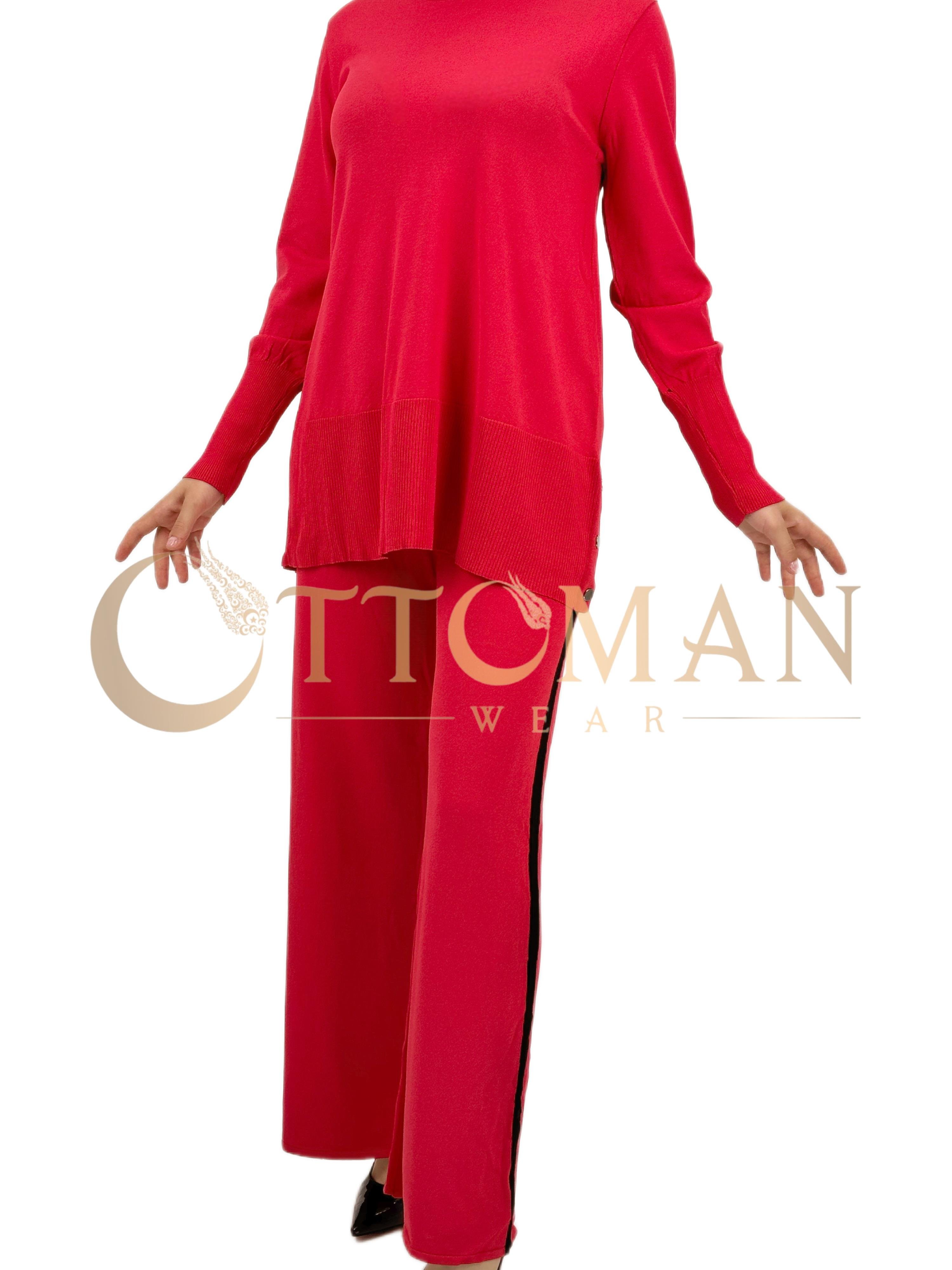 Merserize Triko Pantolonlu Takım Kırmızı OTW2539