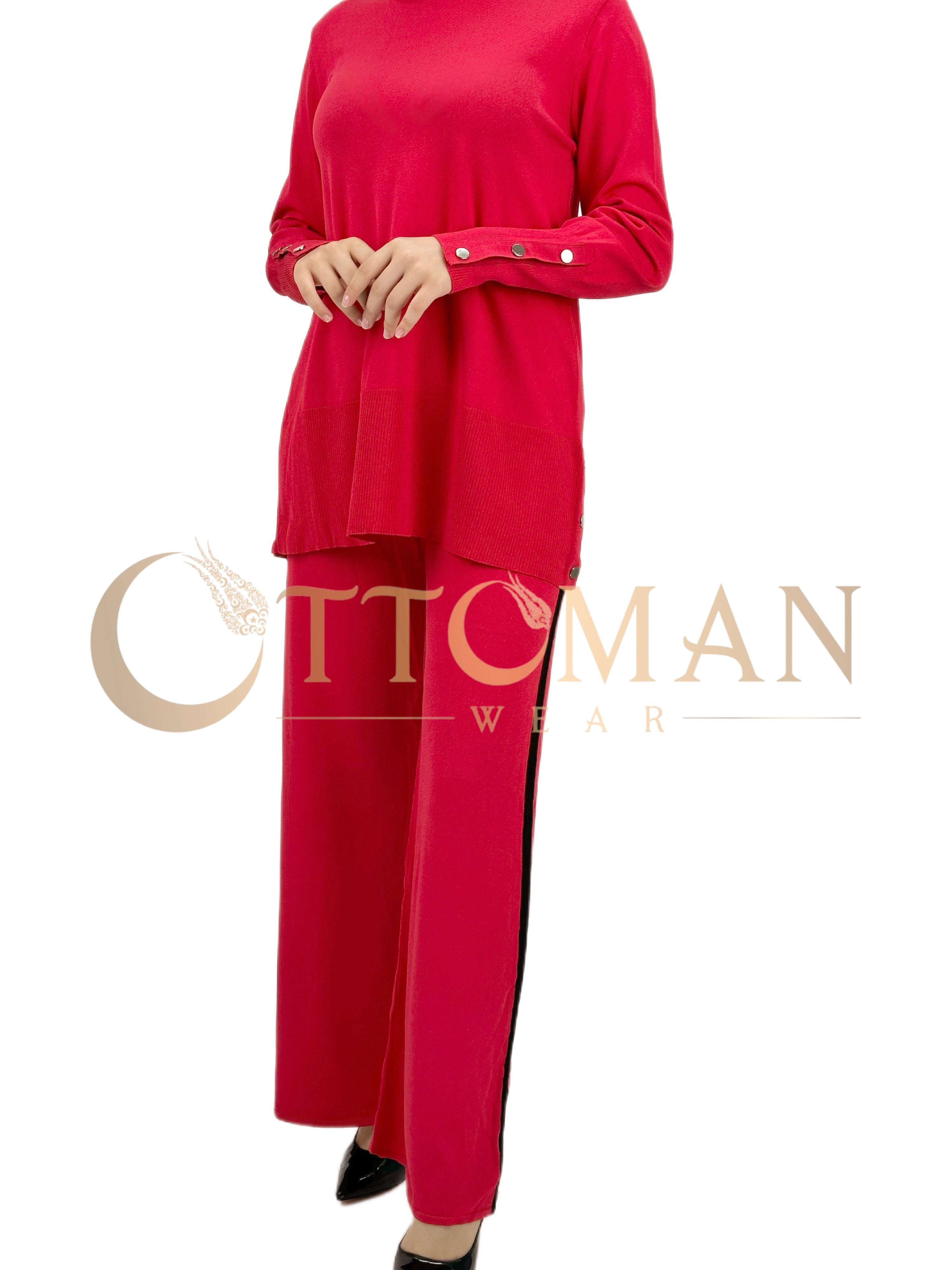 Merserize Triko Pantolonlu Takım Kırmızı OTW2539