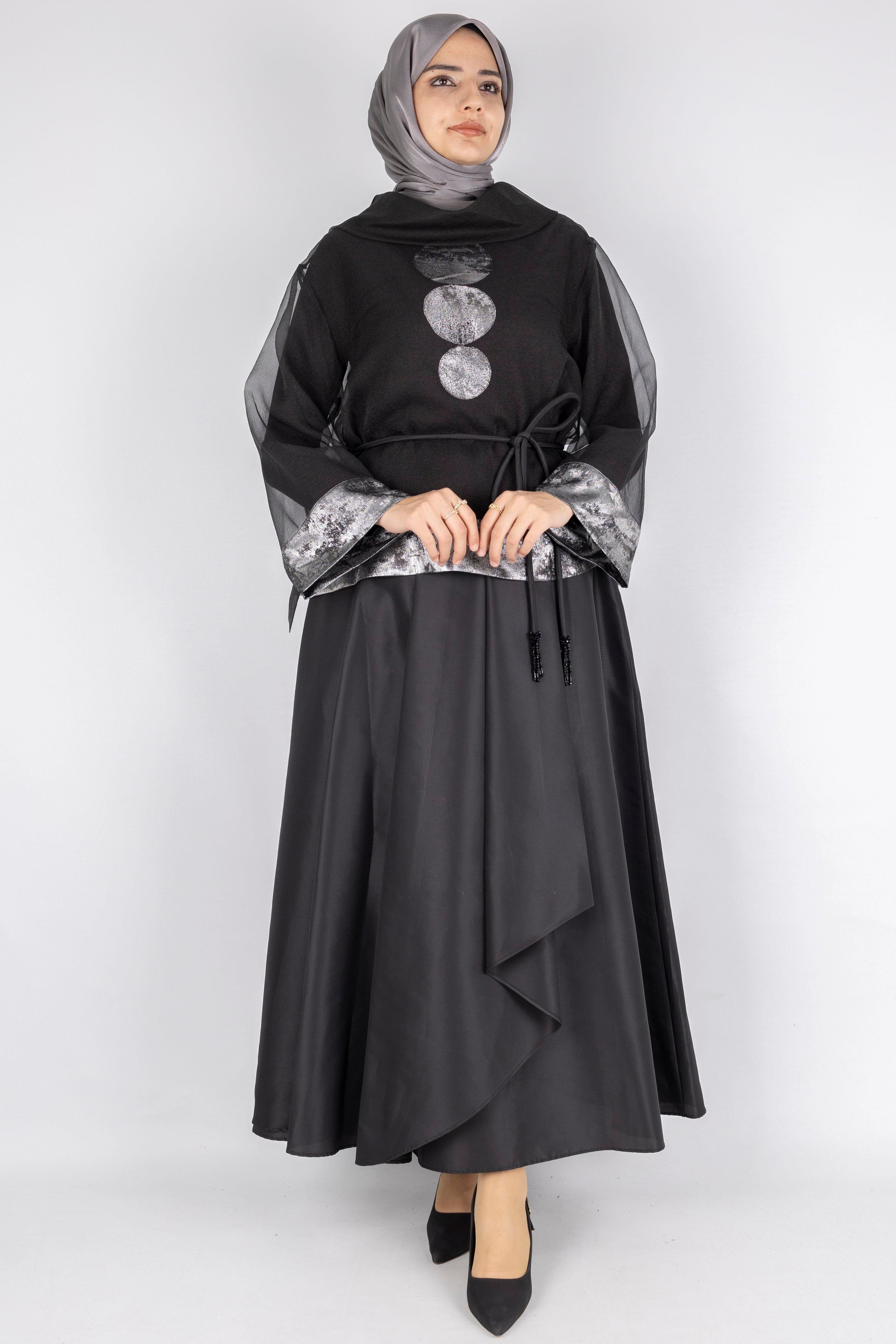 Metalik Detaylı Organze Kollu Etekli Üçlü Takım Siyah OTW45809