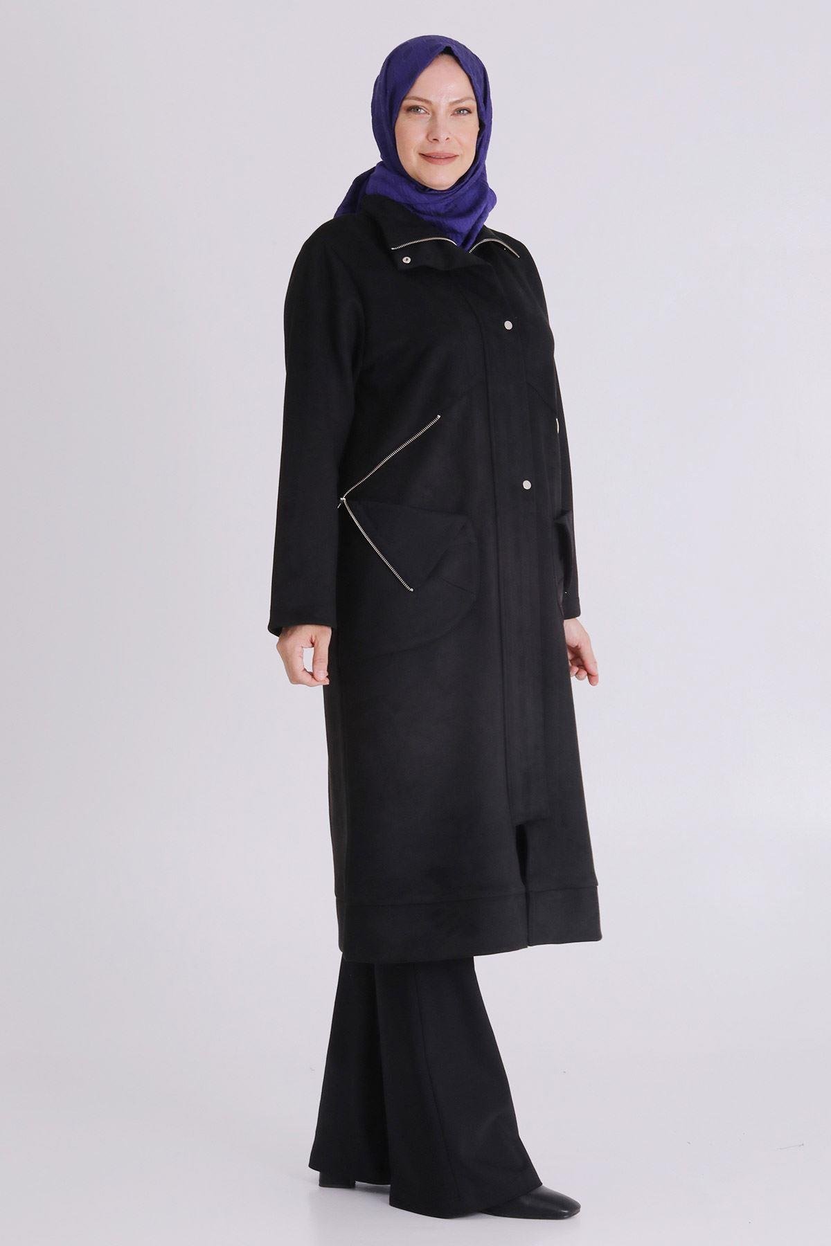 Minimal Stil Fermuar Detaylı Süet Kap Siyah OTW25129