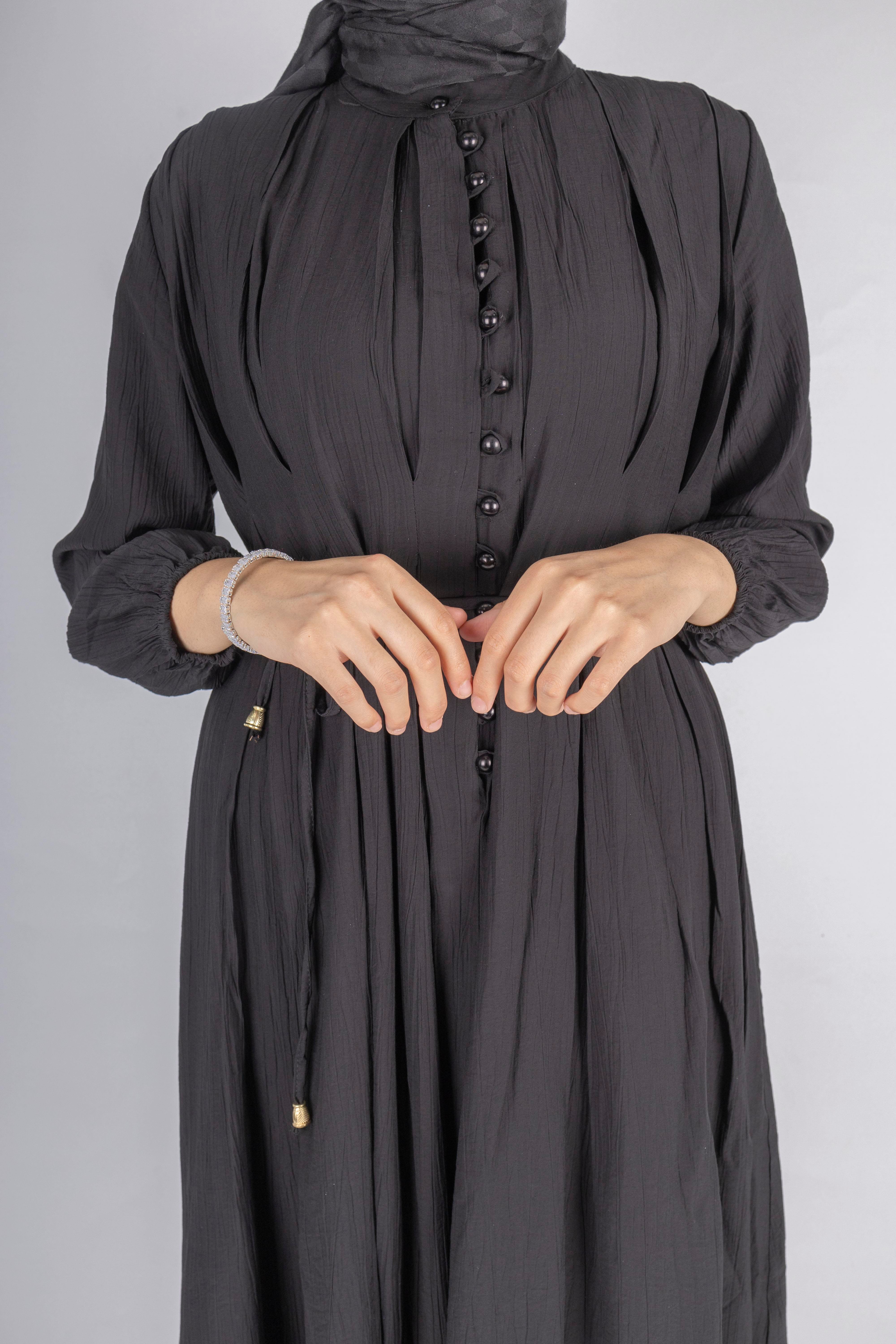 Minimalist Kuşaklı Düğmeli Uzun Elbise Siyah OTW5255