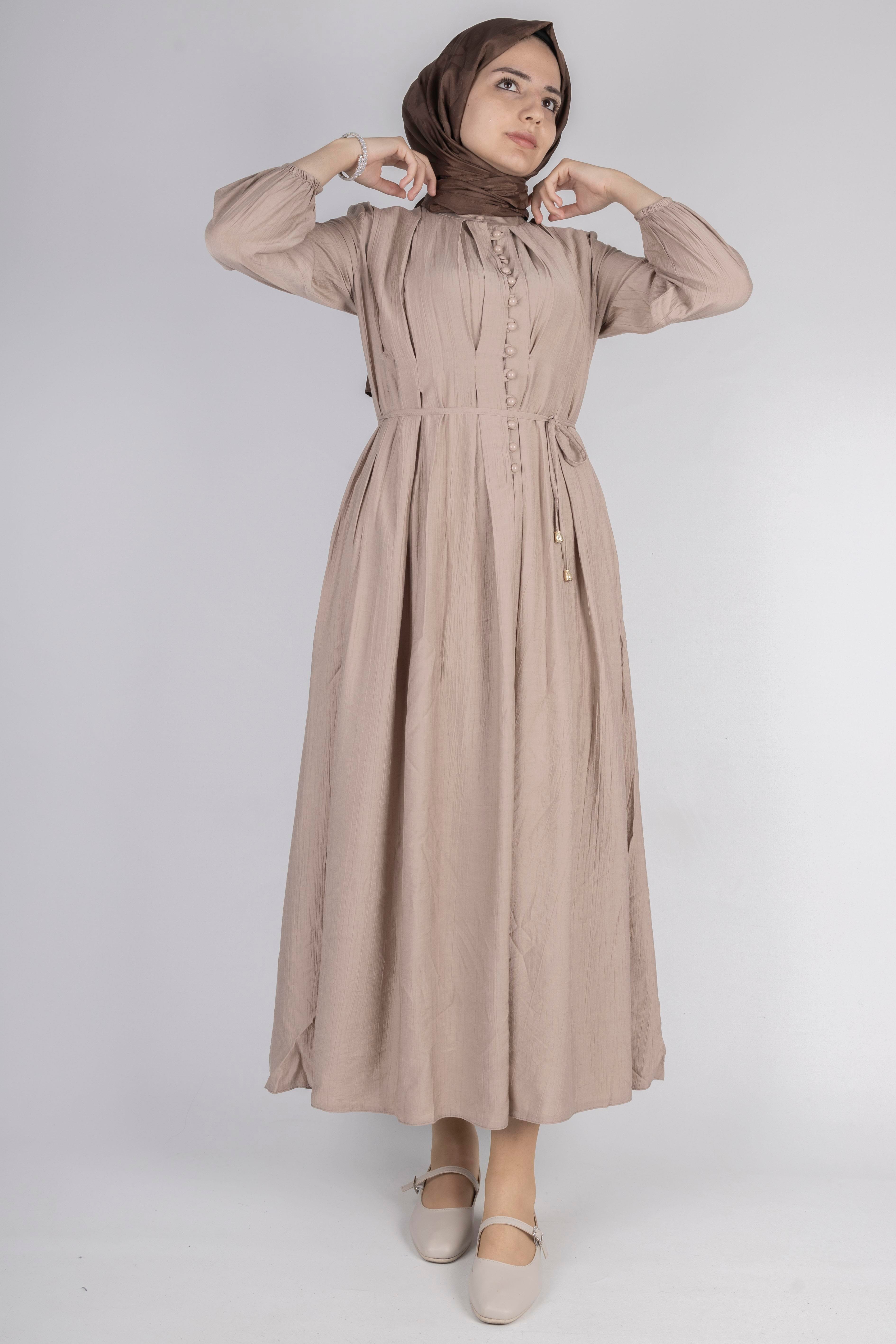 Minimalist Kuşaklı Düğmeli Uzun Elbise Taş OTW5255