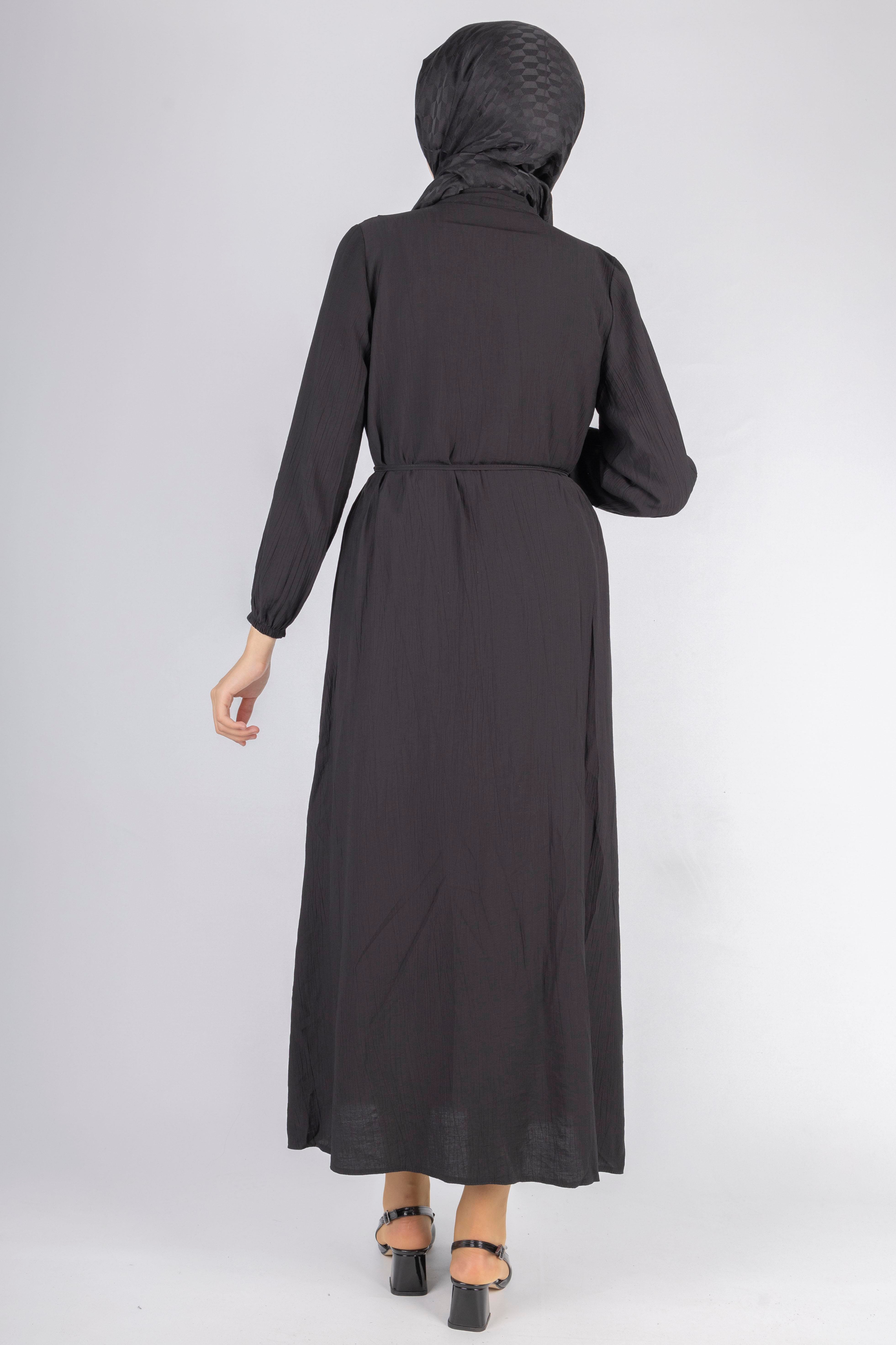 Minimalist Kuşaklı Düğmeli Uzun Elbise Siyah OTW5255