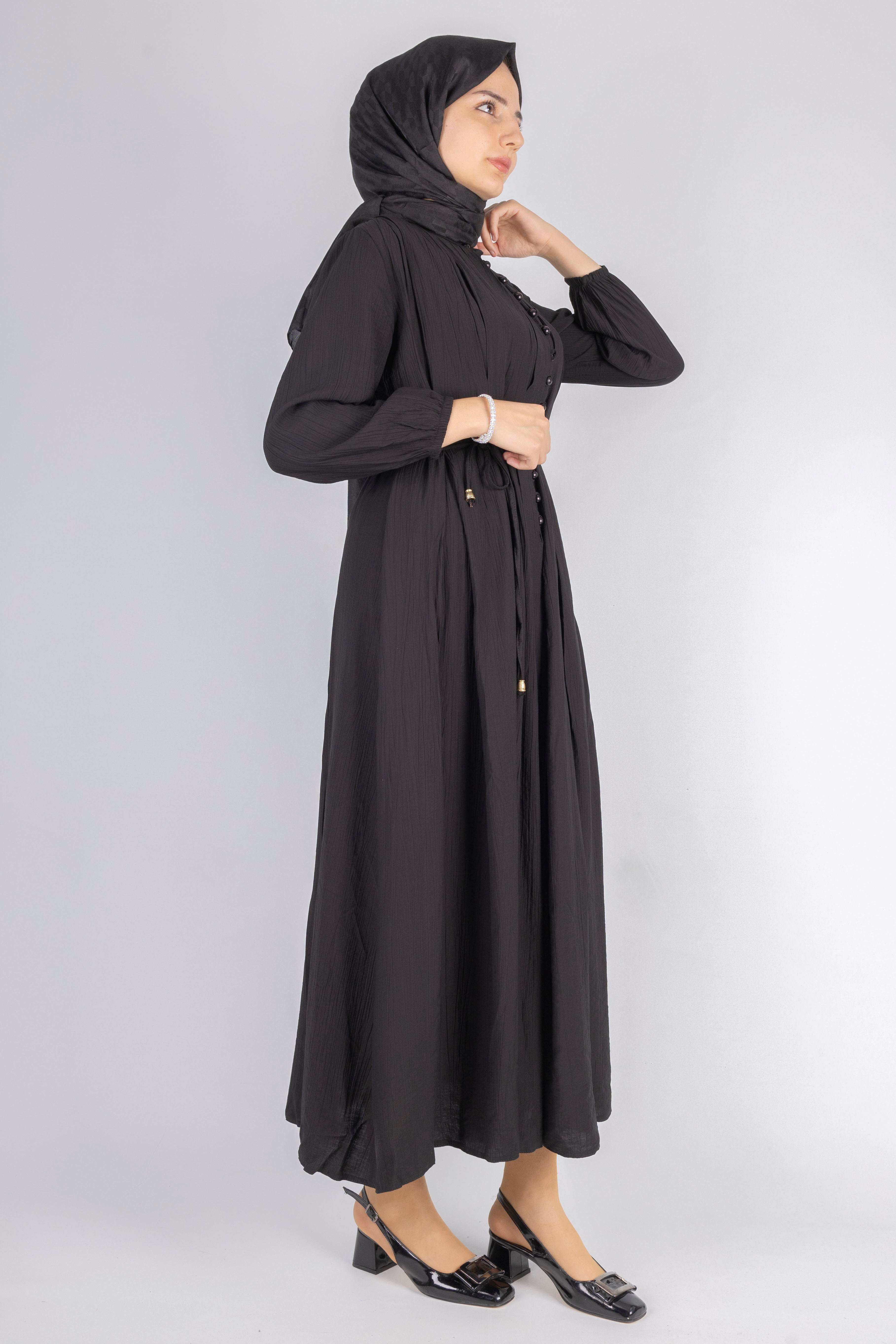 Minimalist Kuşaklı Düğmeli Uzun Elbise Siyah OTW5255