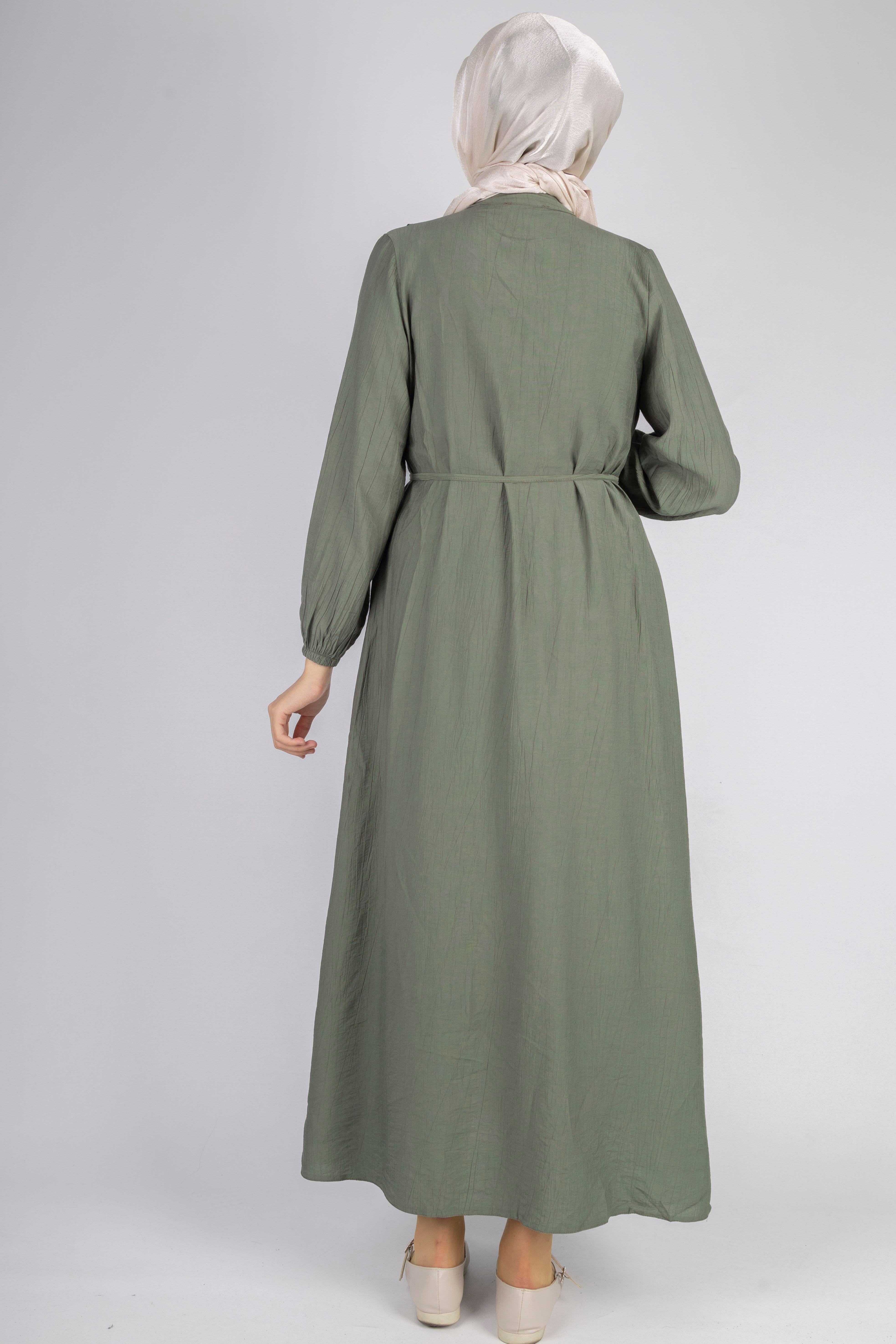 Minimalist Kuşaklı Düğmeli Uzun Elbise Haki OTW5255