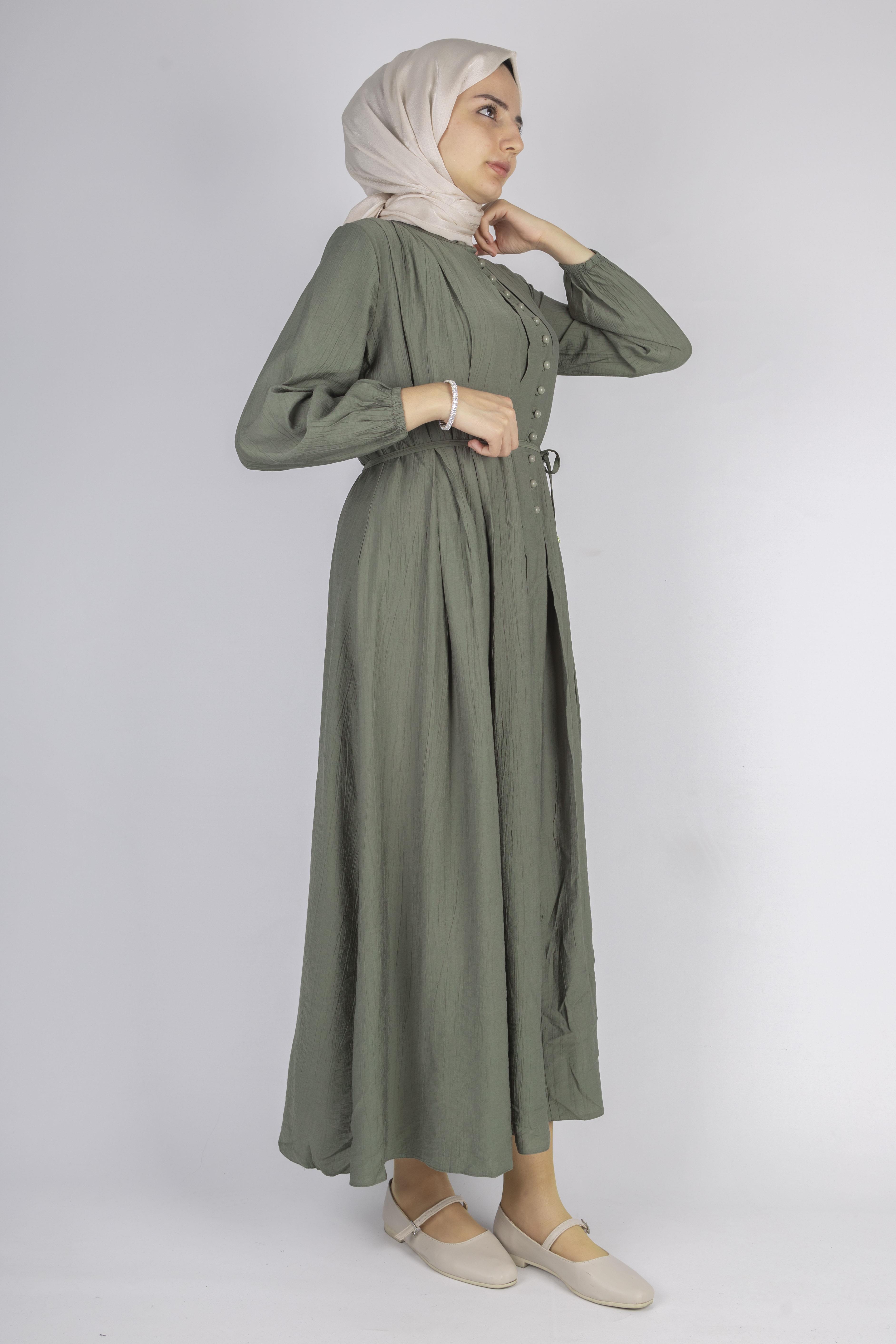 Minimalist Kuşaklı Düğmeli Uzun Elbise Haki OTW5255