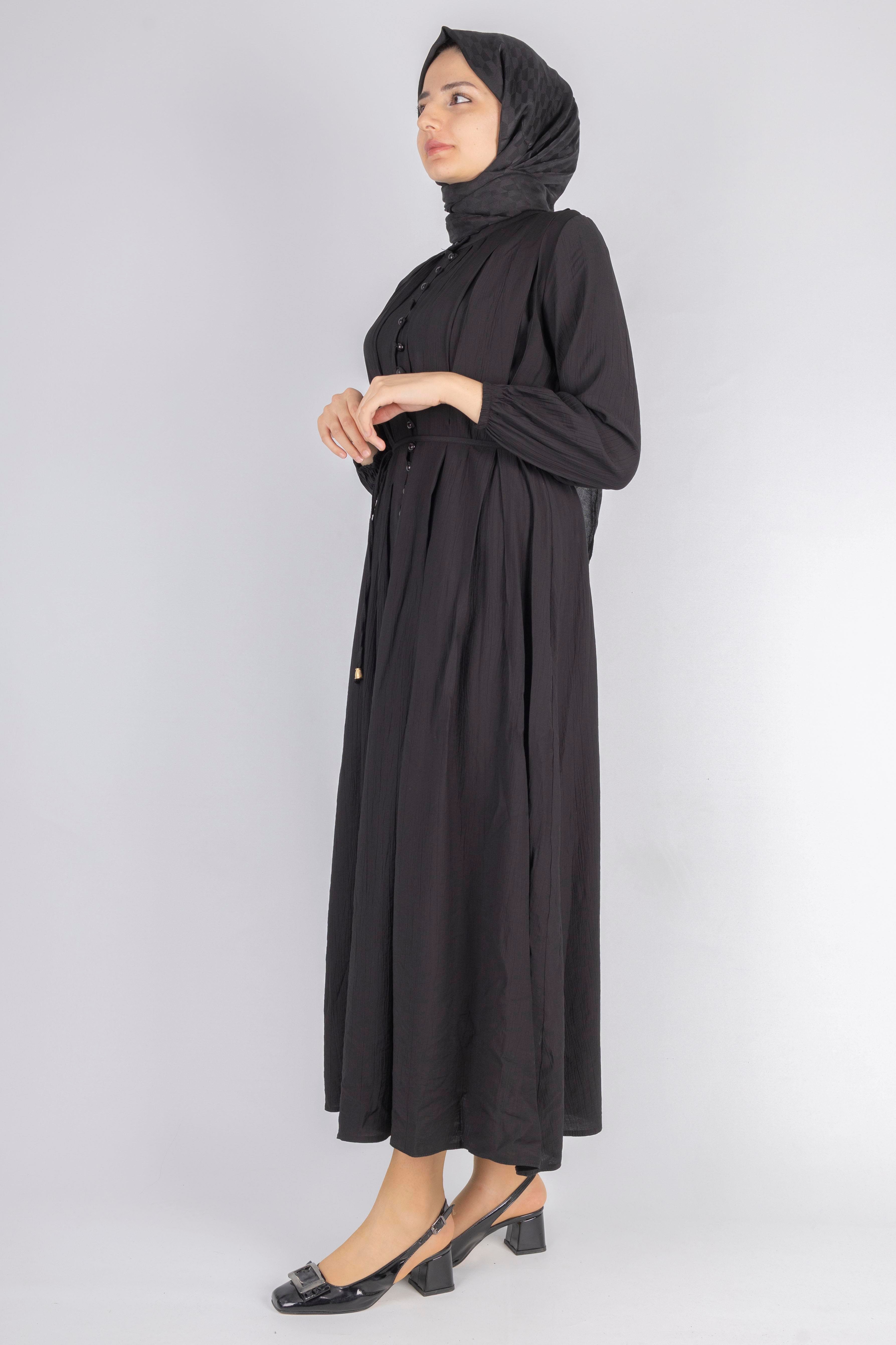 Minimalist Kuşaklı Düğmeli Uzun Elbise Siyah OTW5255