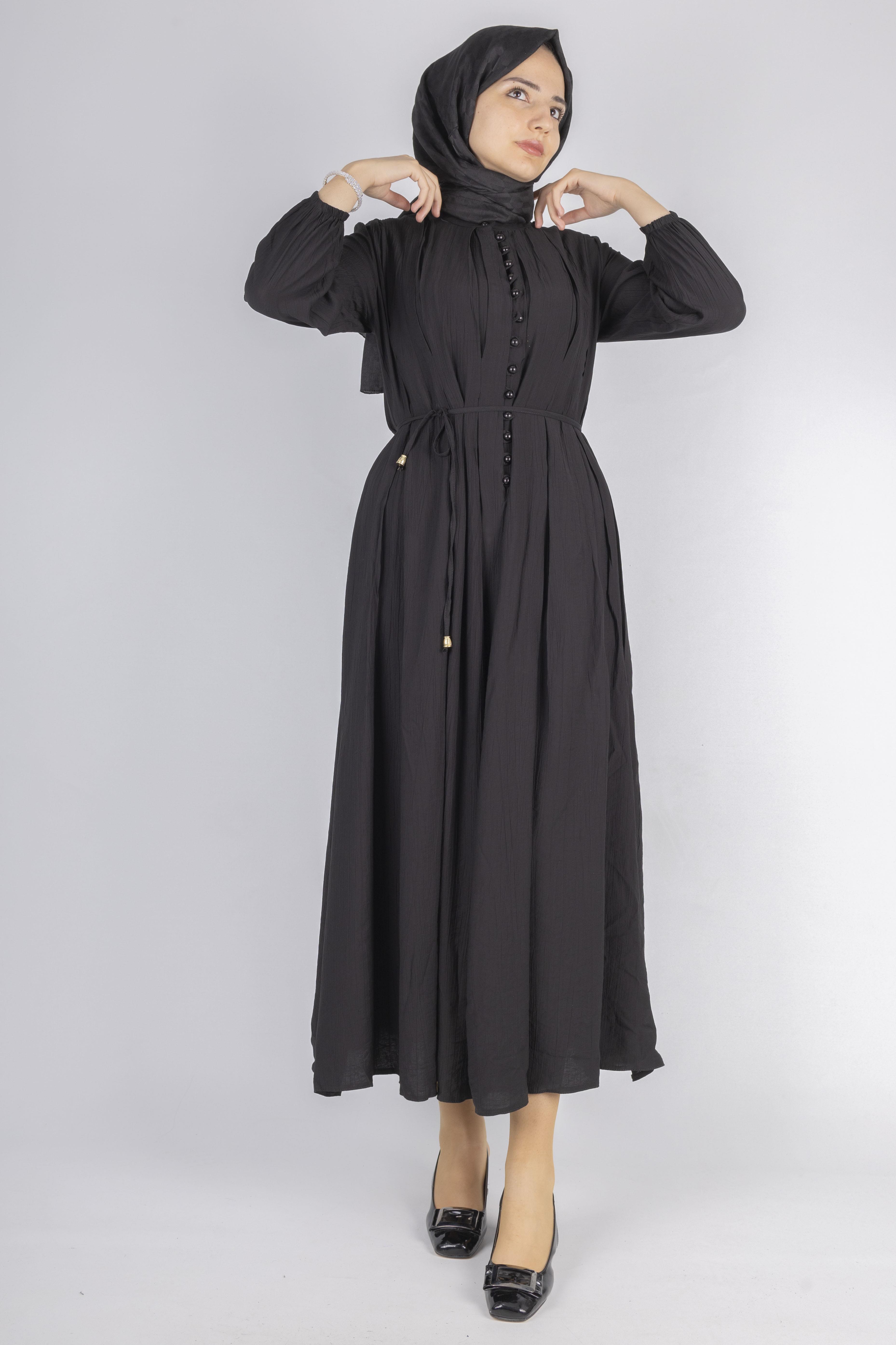 Minimalist Kuşaklı Düğmeli Uzun Elbise Siyah OTW5255