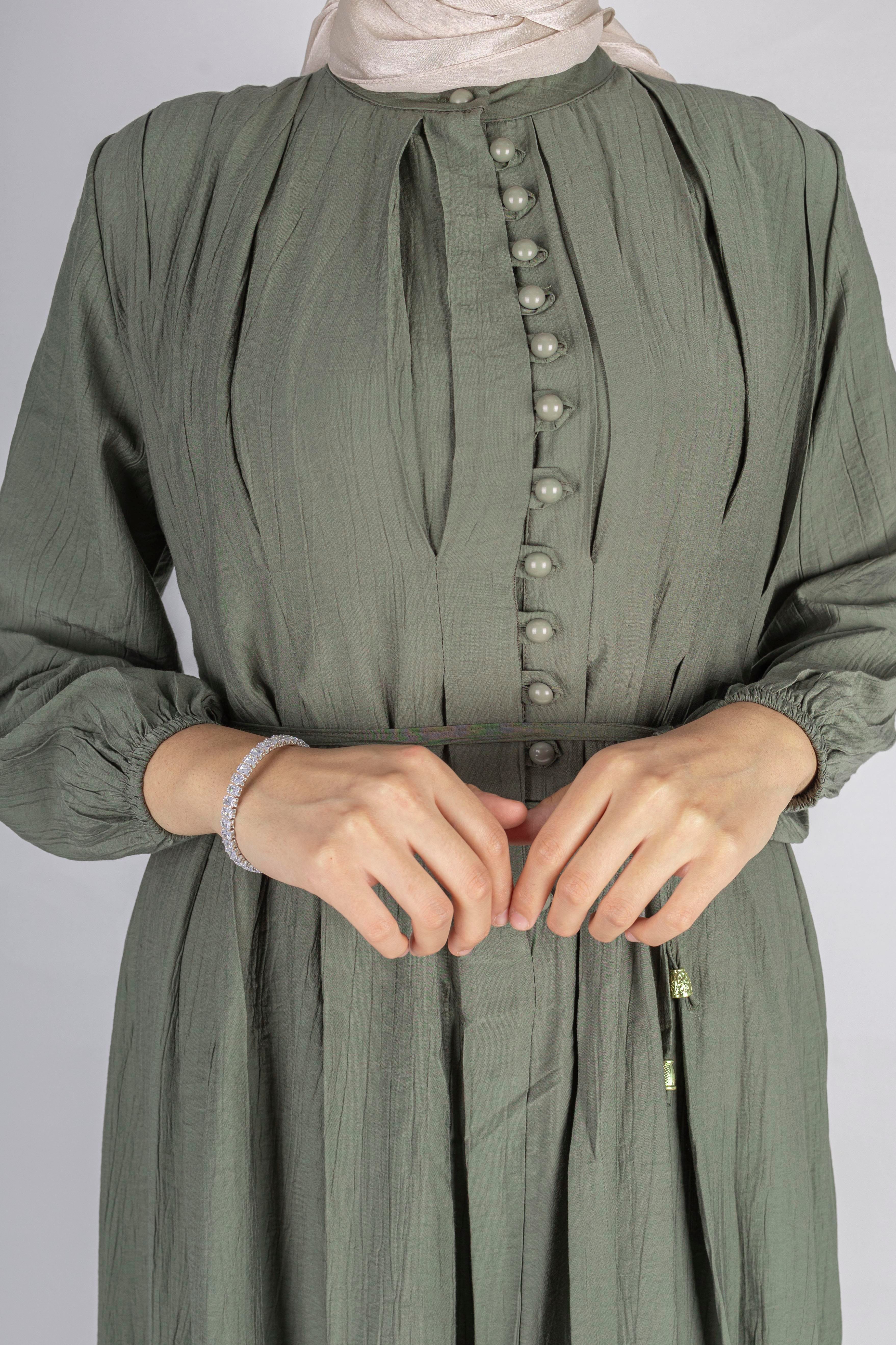 Minimalist Kuşaklı Düğmeli Uzun Elbise Haki OTW5255