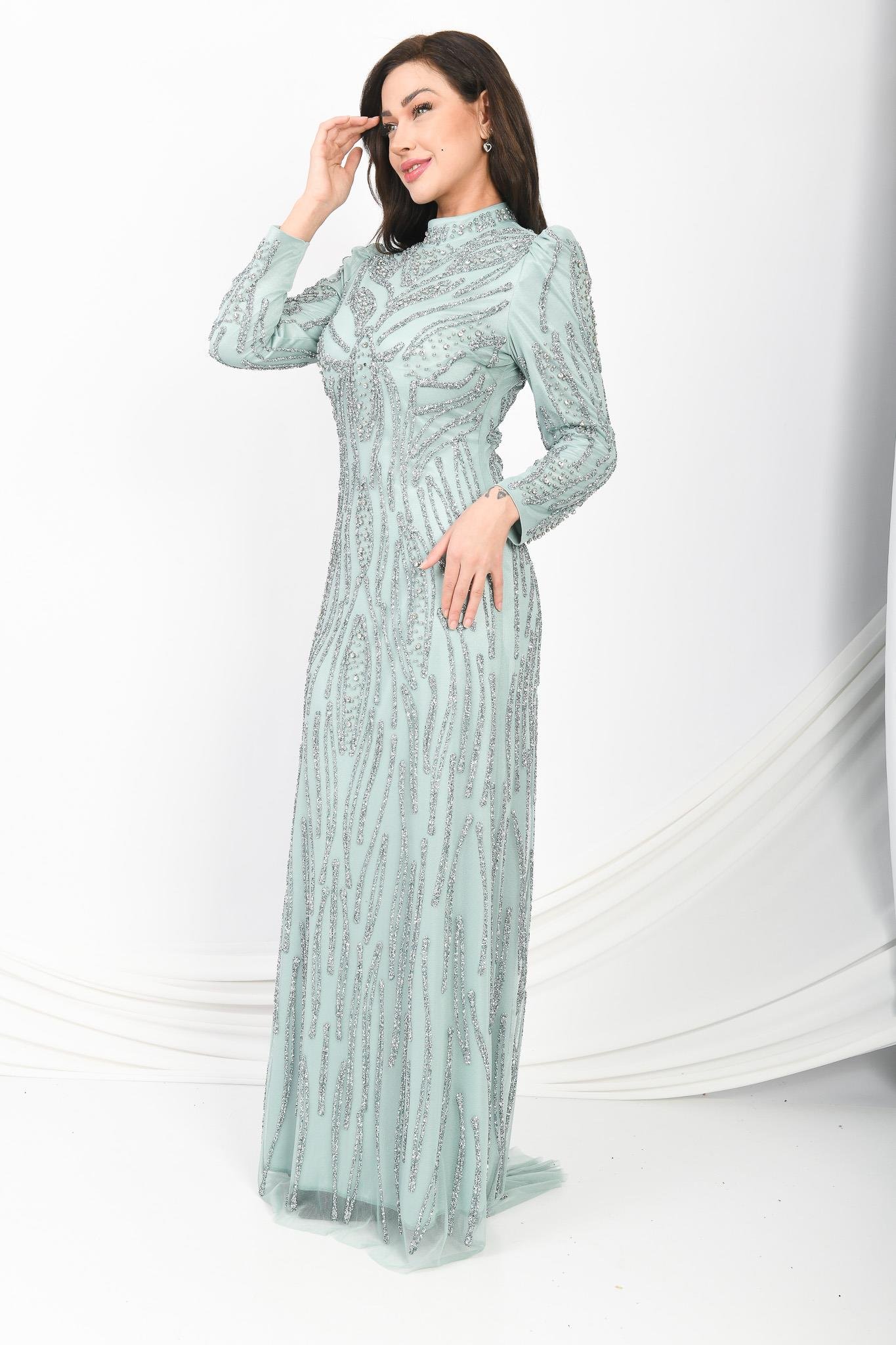 Mint Yeşili Taş İşlemeli Prenses Omuz Abiye Mint OTW3140