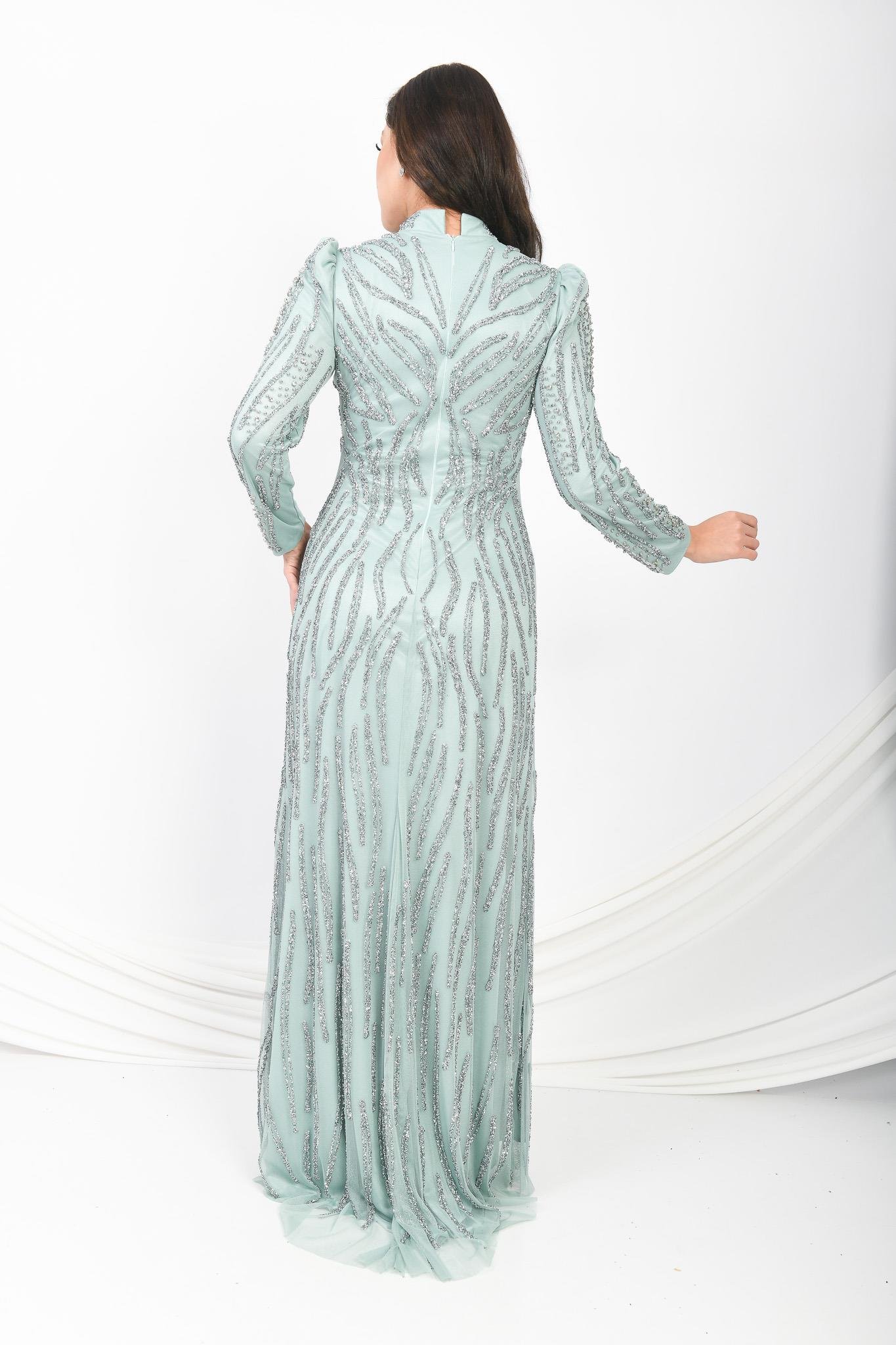 Mint Yeşili Taş İşlemeli Prenses Omuz Abiye Mint OTW3140