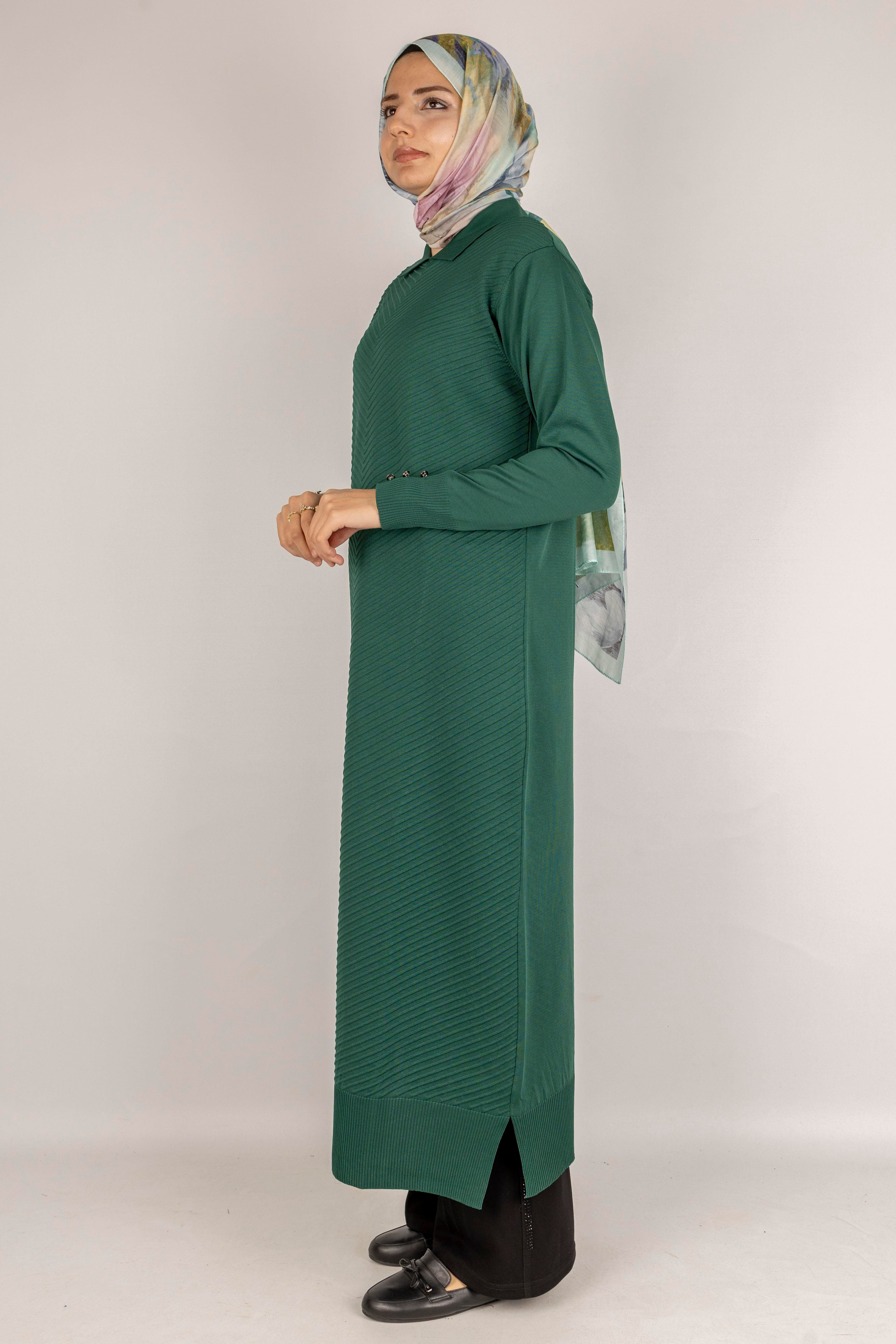 Modern Çizgi Desenli Merserize Elbise Zümrüt OTW1010