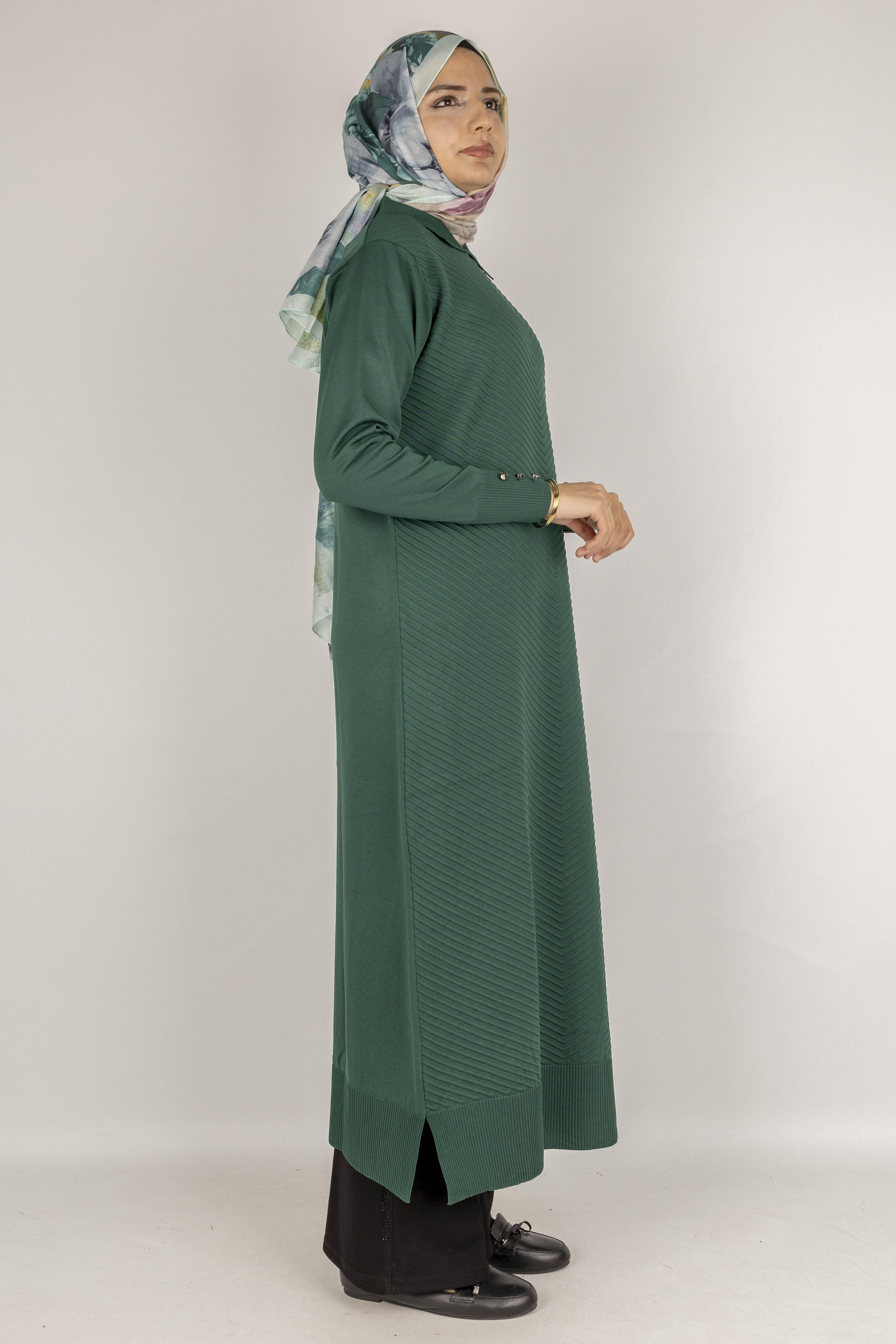 Modern Çizgi Desenli Merserize Elbise Zümrüt OTW1010