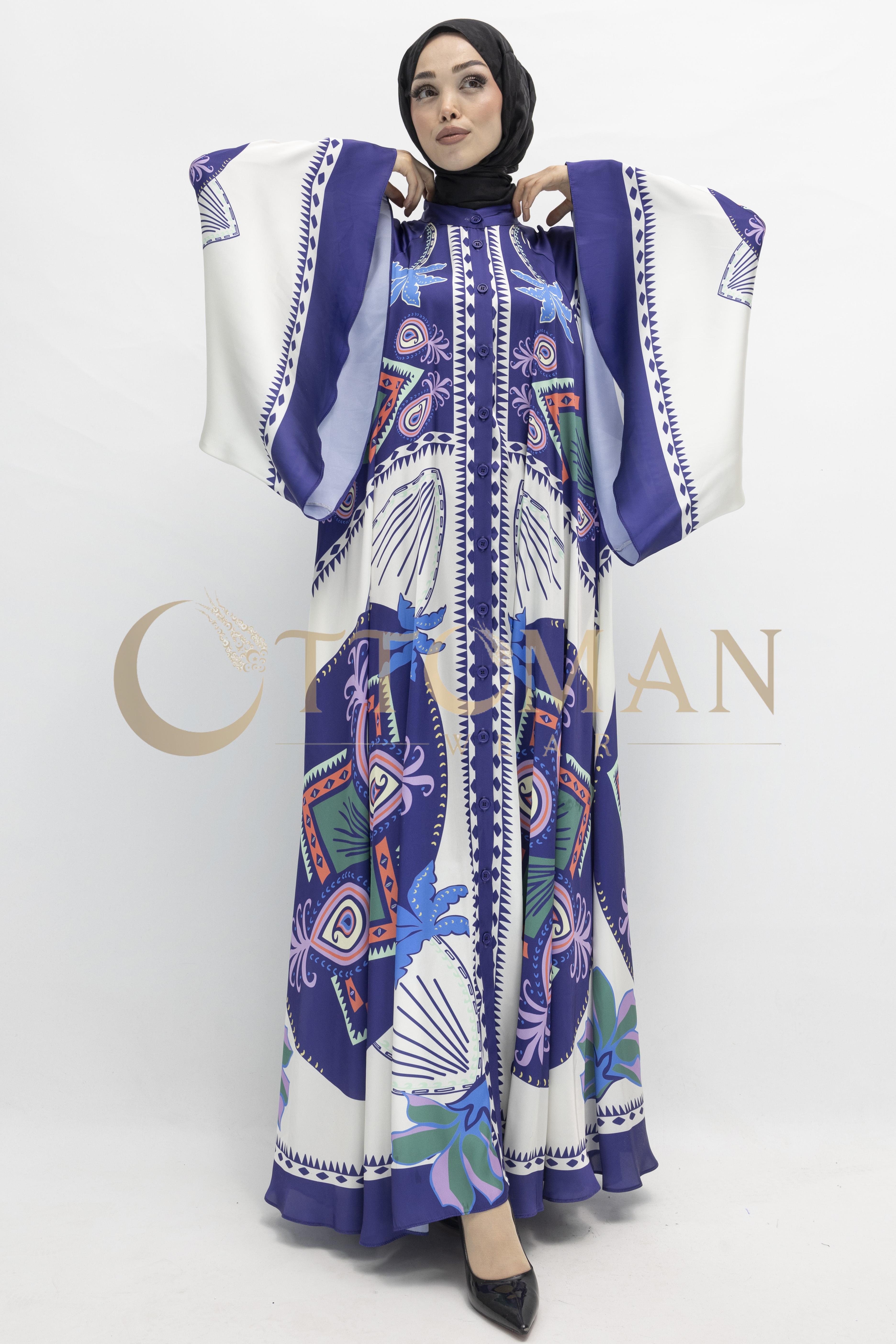 Modern kesim etnik desenli saten elbise – şık ve bohem stil Mavi OTW431