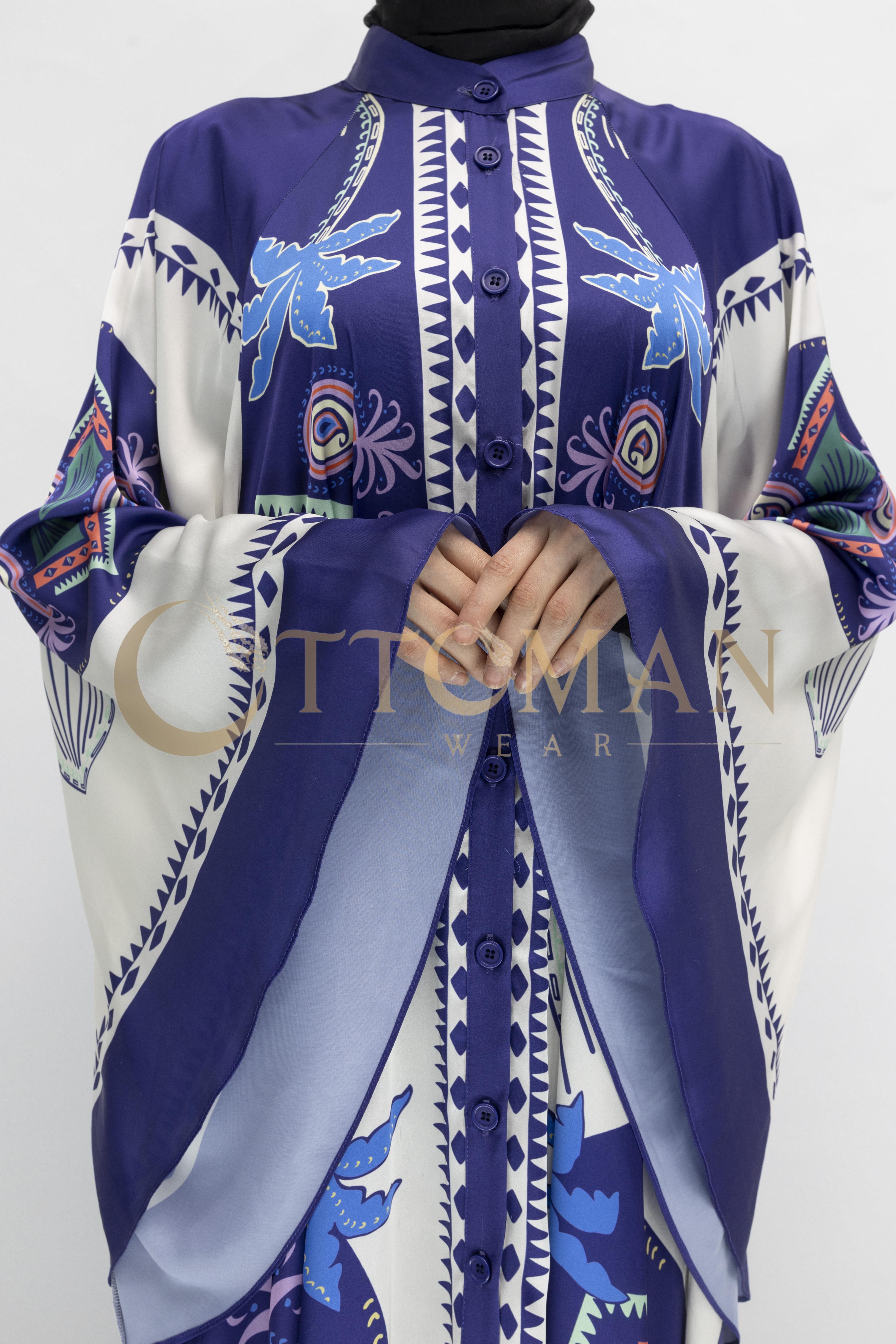 Modern kesim etnik desenli saten elbise – şık ve bohem stil Mavi OTW431