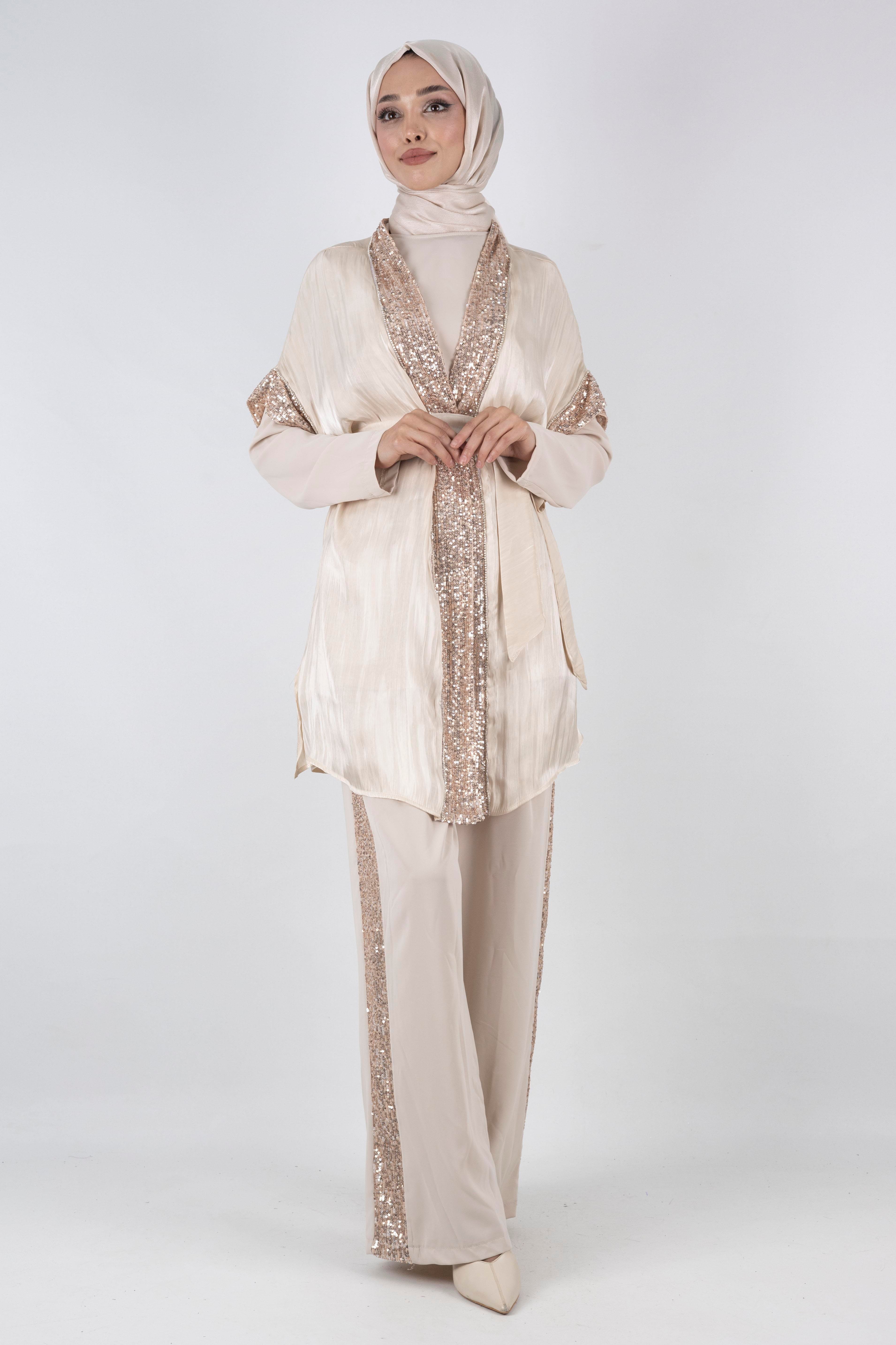 Organze Yelekli Üçlü Takım Bej OTW8422