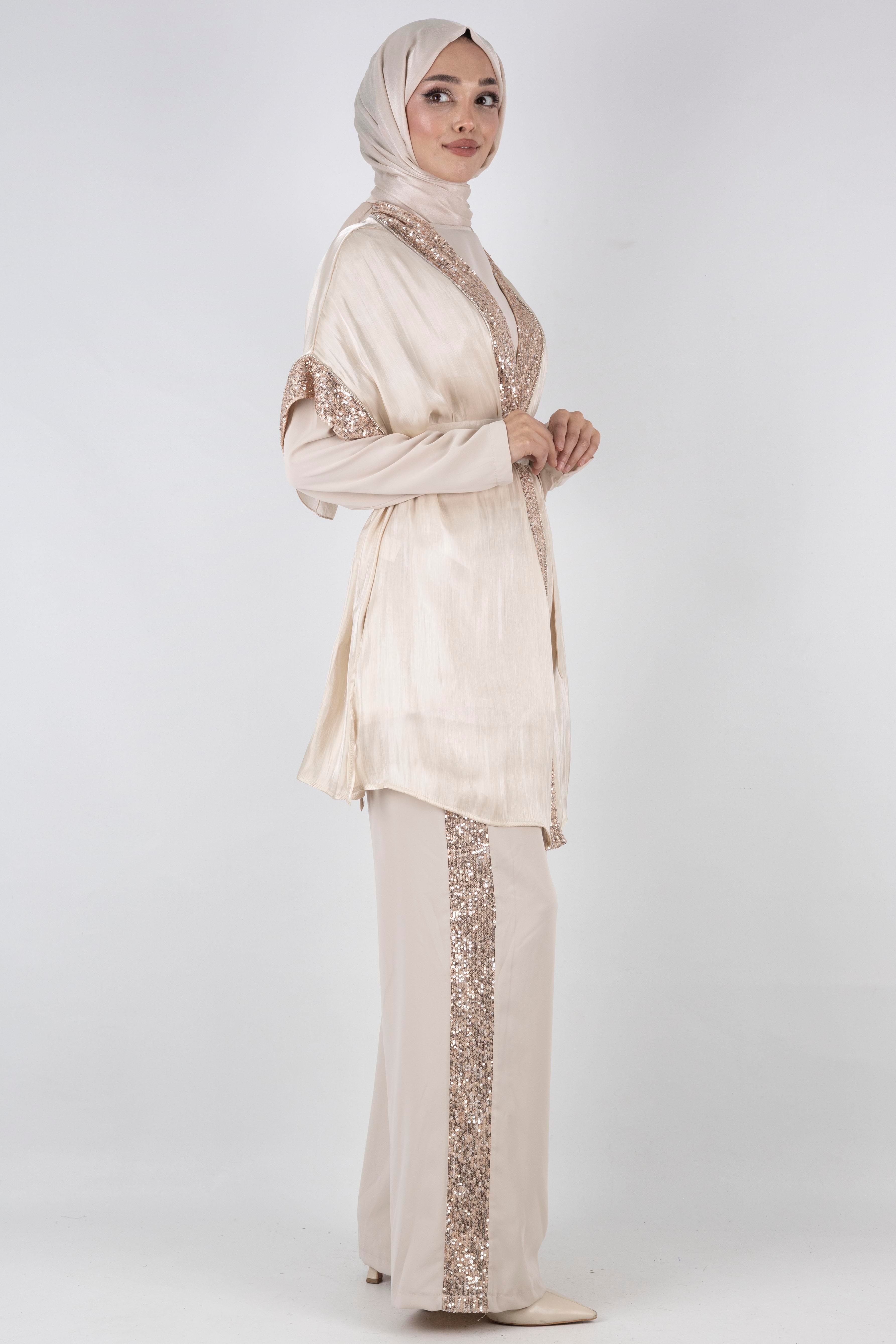 Organze Yelekli Üçlü Takım Bej OTW8422