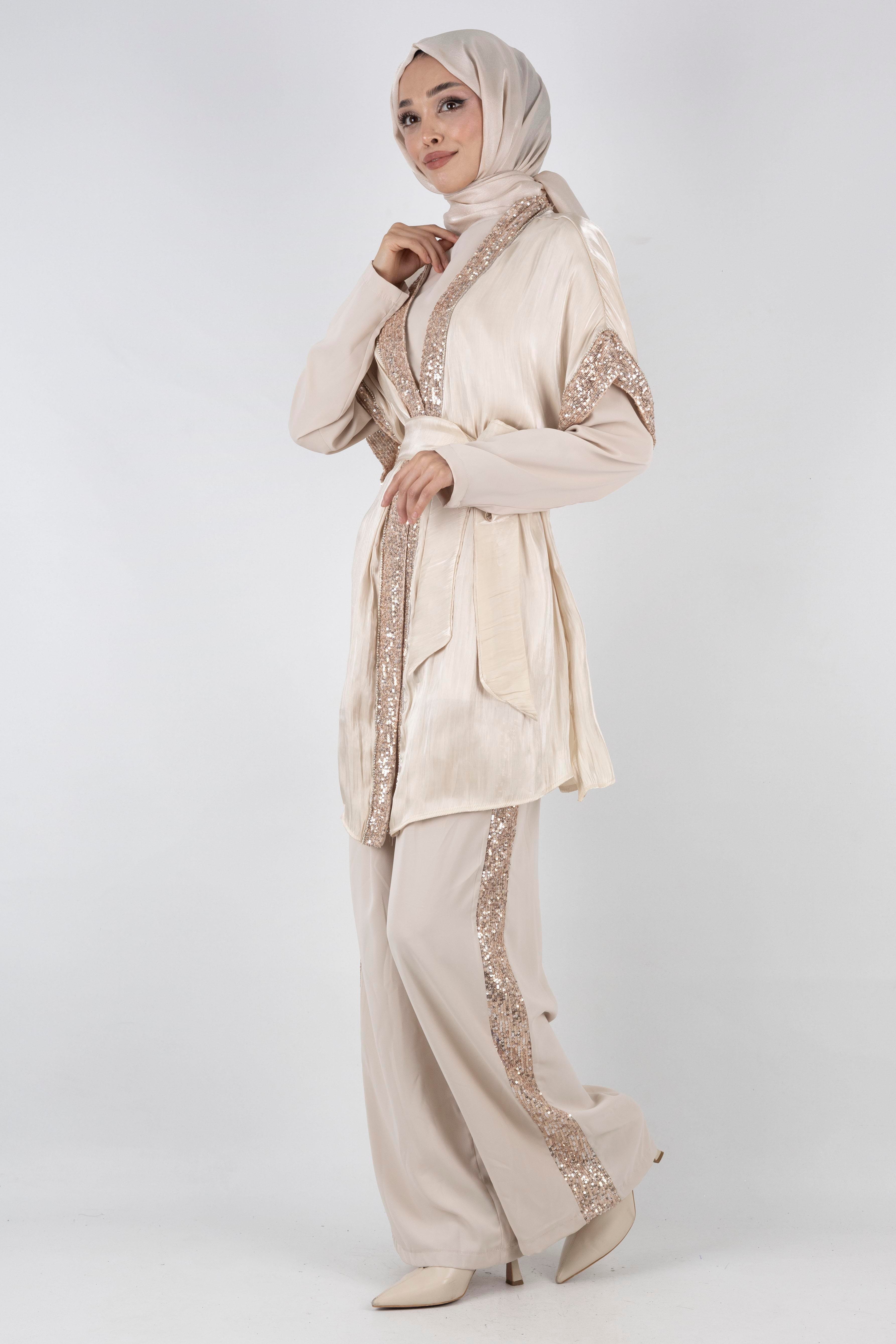 Organze Yelekli Üçlü Takım Bej OTW8422