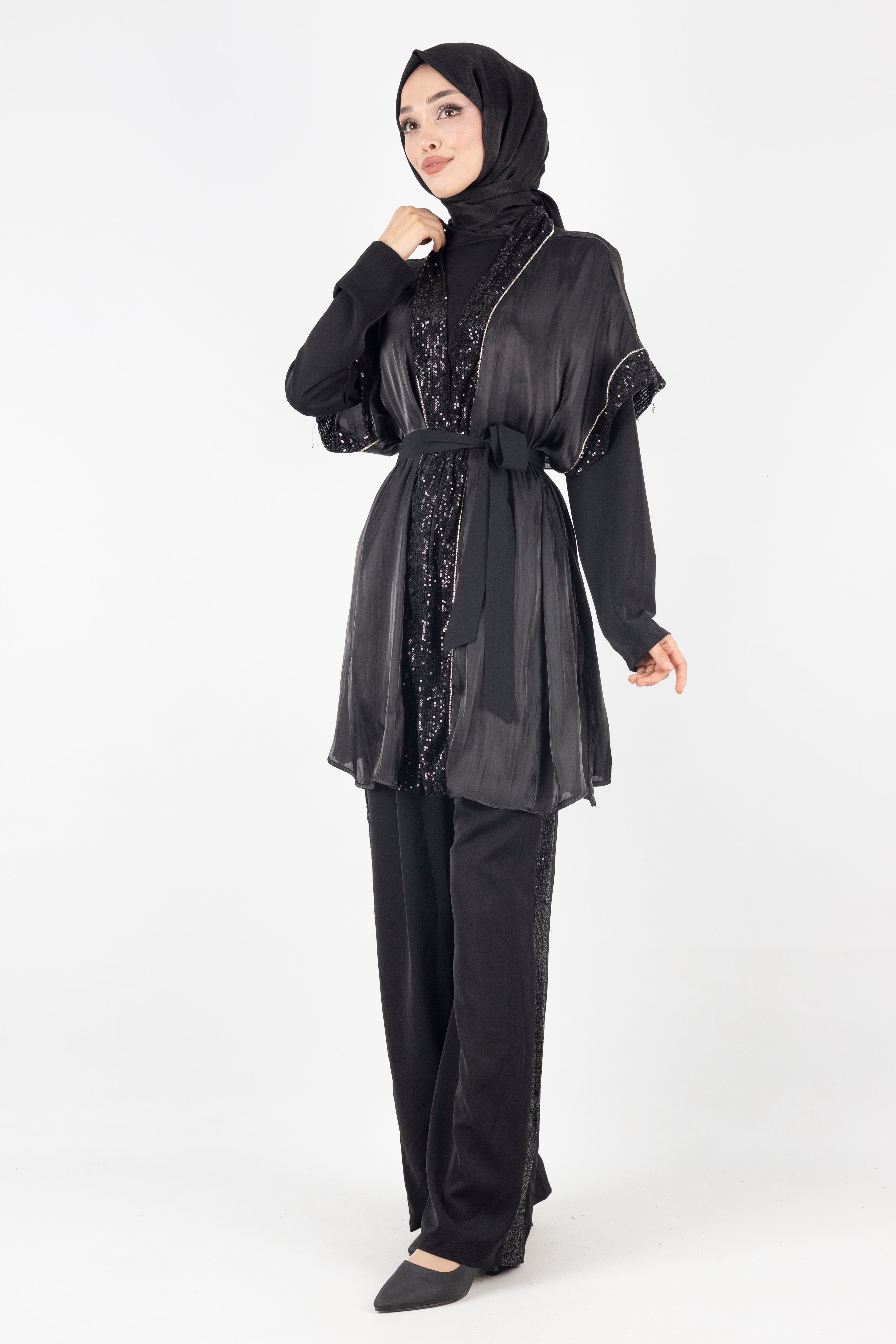 Organze Yelekli Üçlü Takım Siyah OTW8422