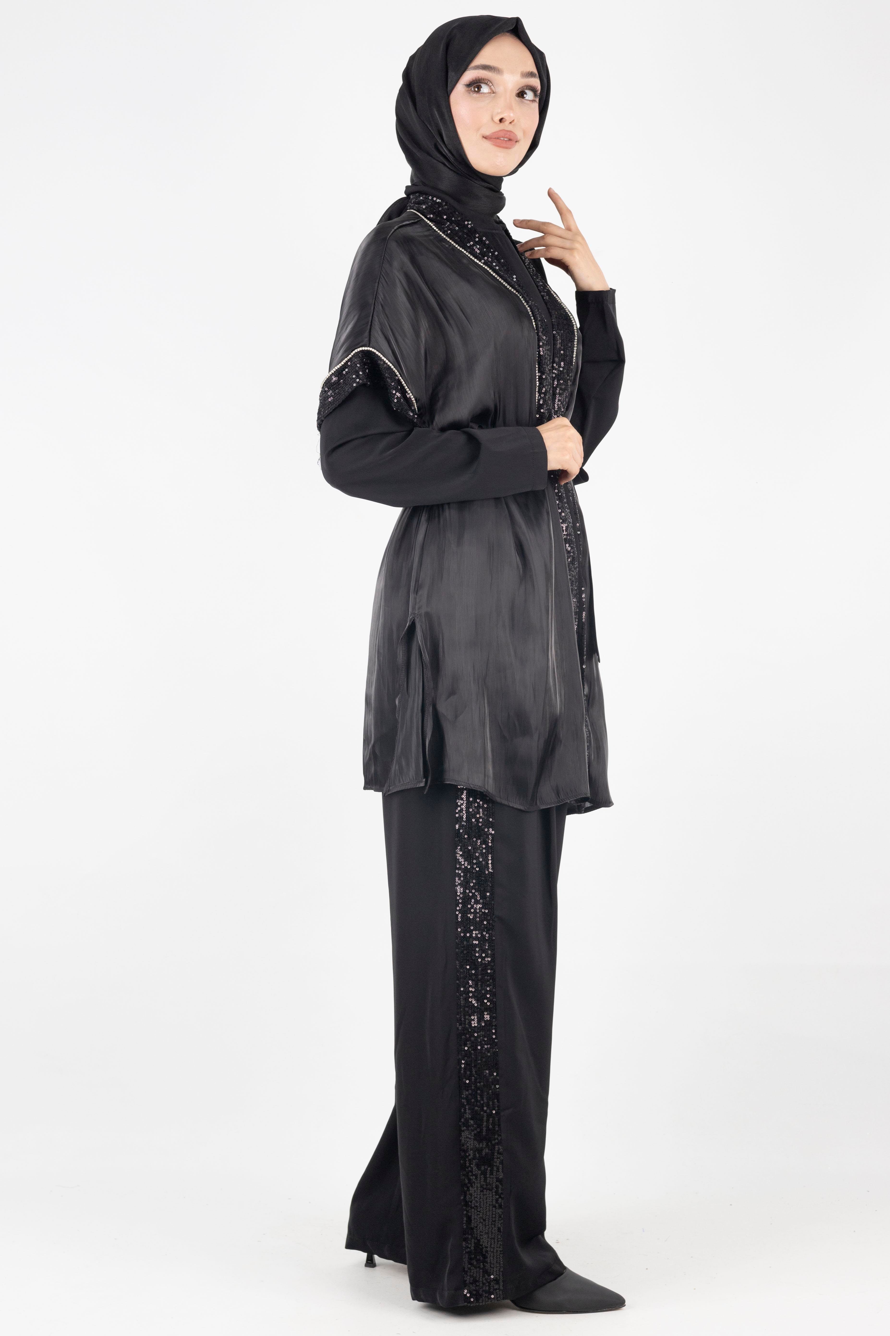 Organze Yelekli Üçlü Takım Siyah OTW8422