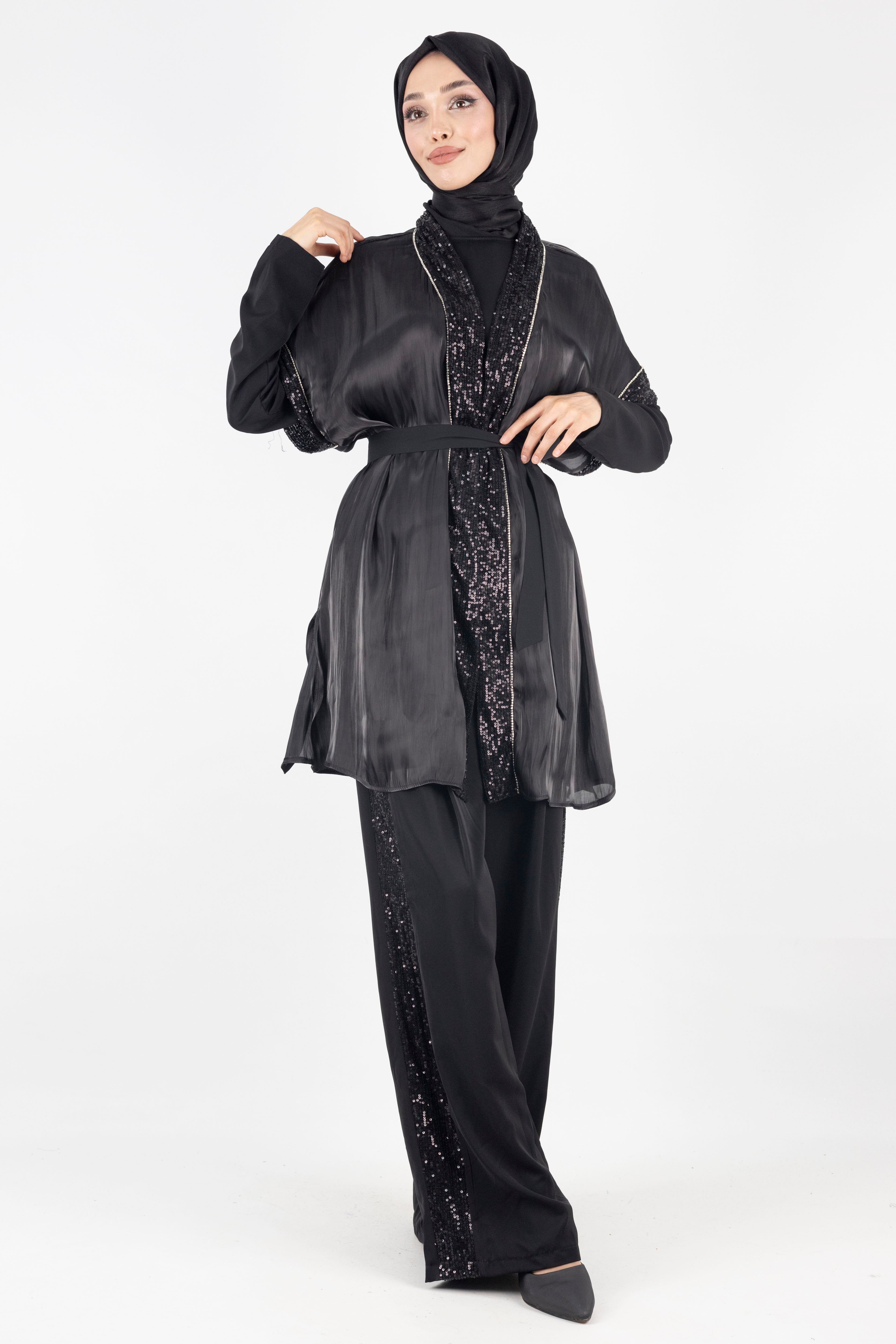 Organze Yelekli Üçlü Takım Siyah OTW8422