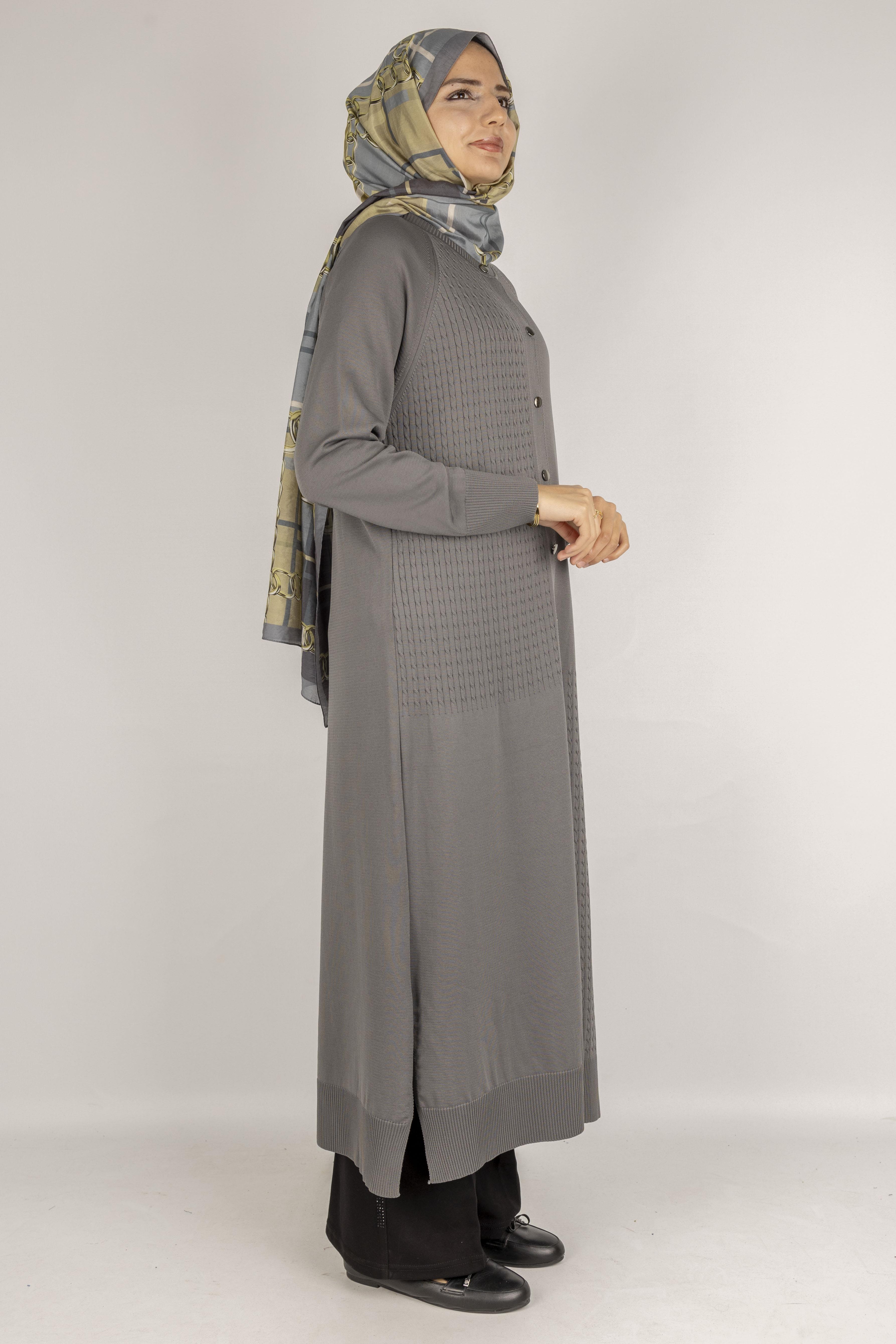 Örgü Desenli Merserize Hırka Gri OTW1037