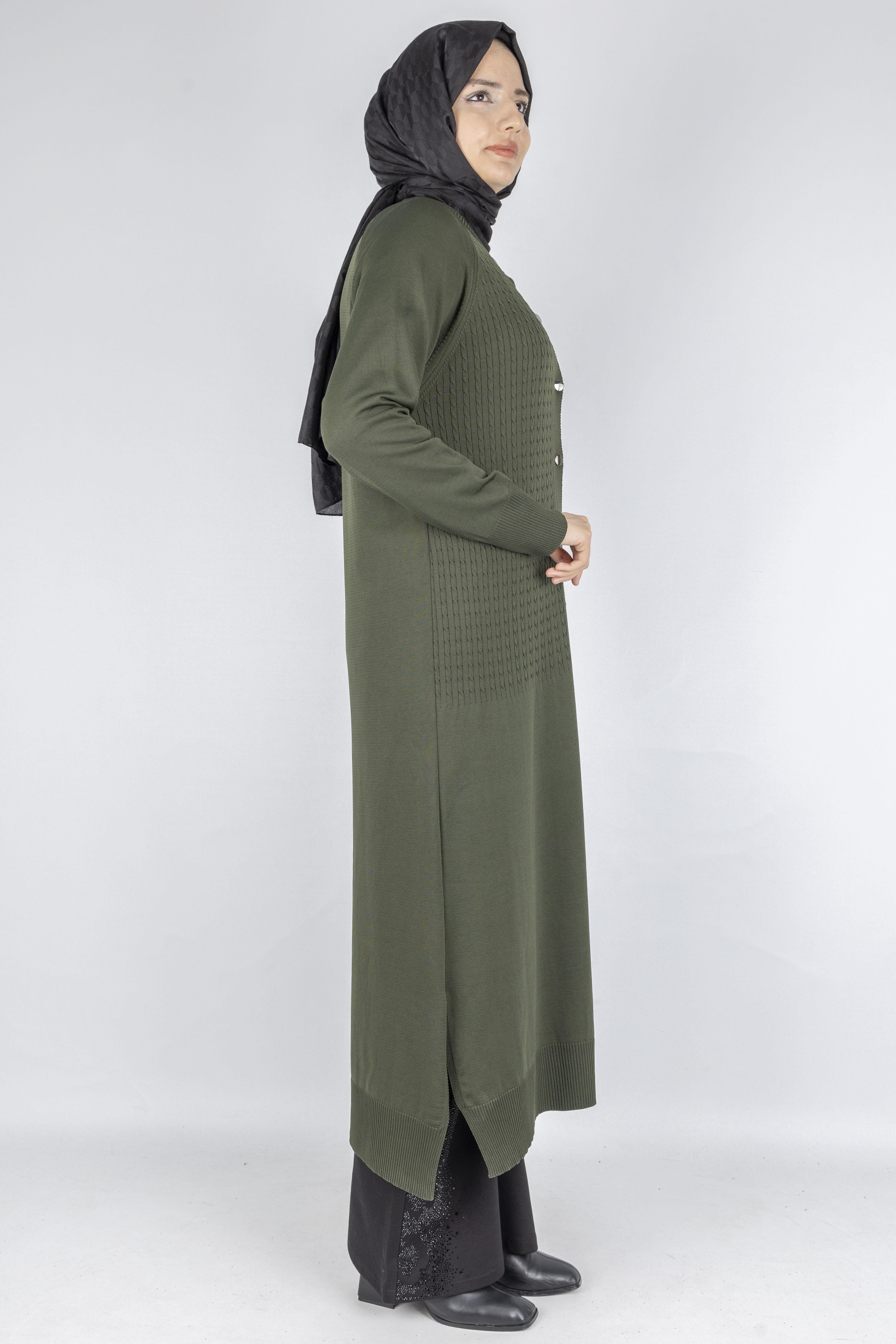 Örgü Desenli Merserize Hırka Haki OTW1037