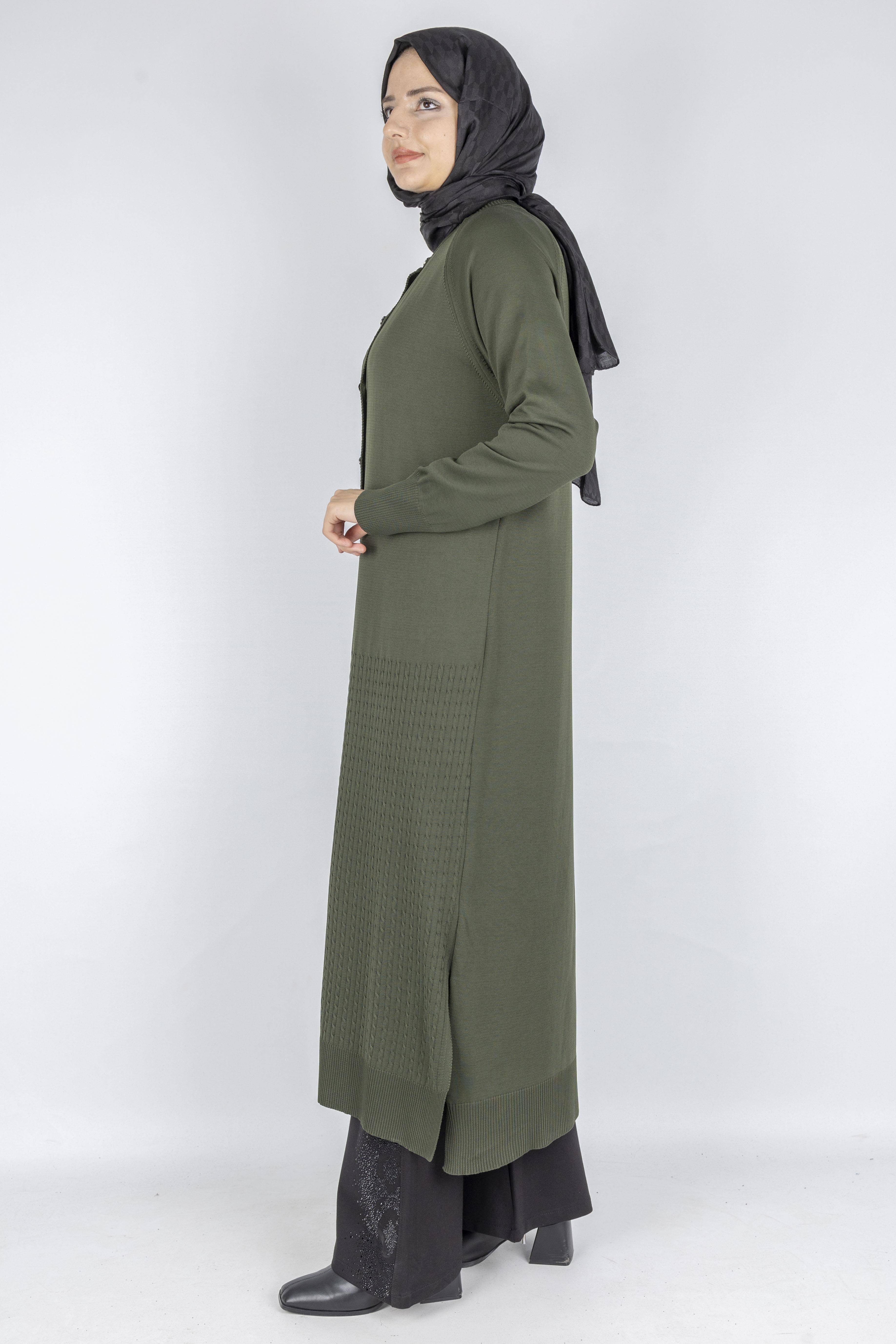 Örgü Desenli Merserize Hırka Haki OTW1037