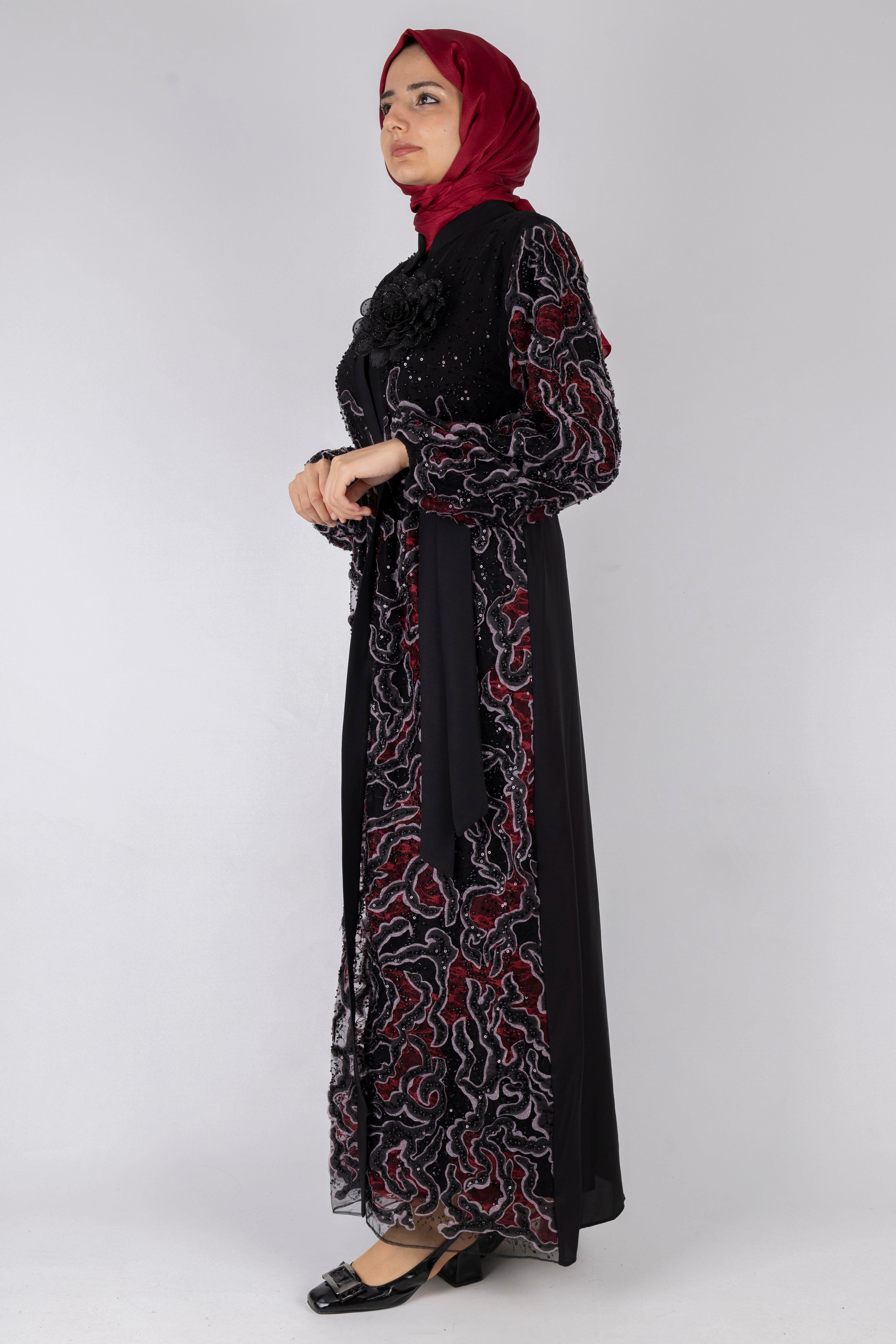Orhan Store Abaya Takım Siyah-Bordo OTW2682