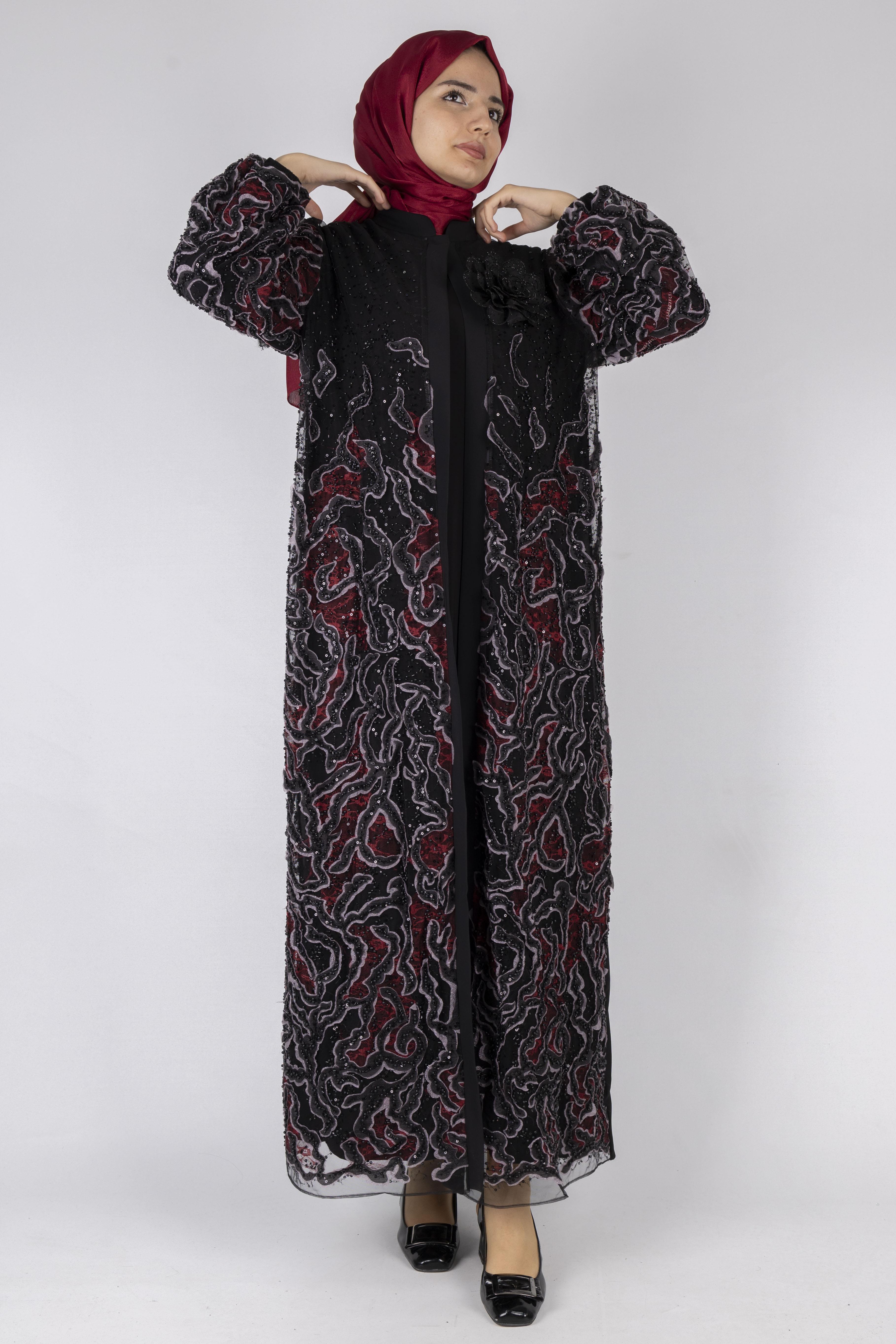 Orhan Store Abaya Takım Siyah-Bordo OTW2682