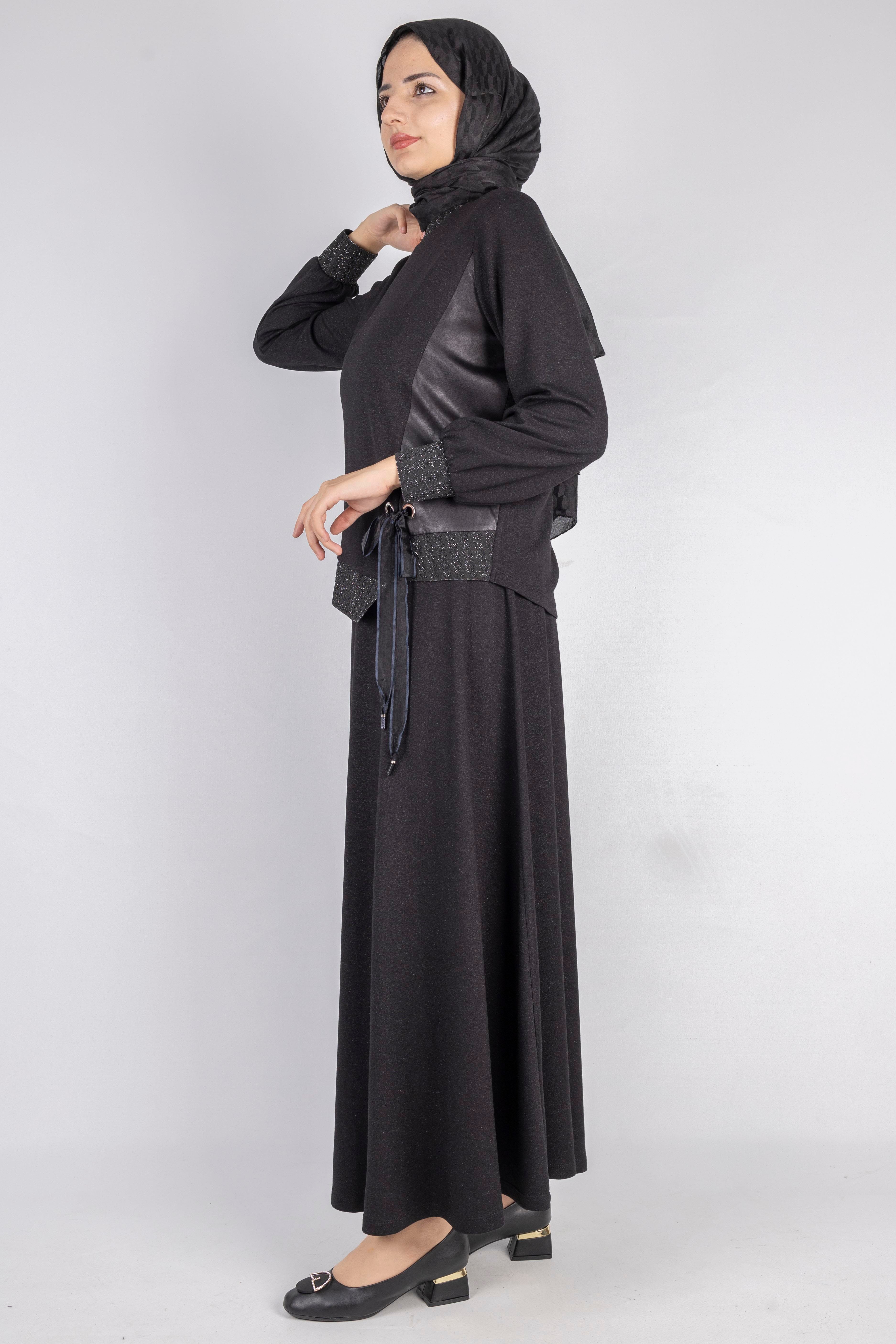 Orhan Store  Bağlamalı Kurdele Detaylı Tesettür Etekli Takım  Siyah OTW2644
