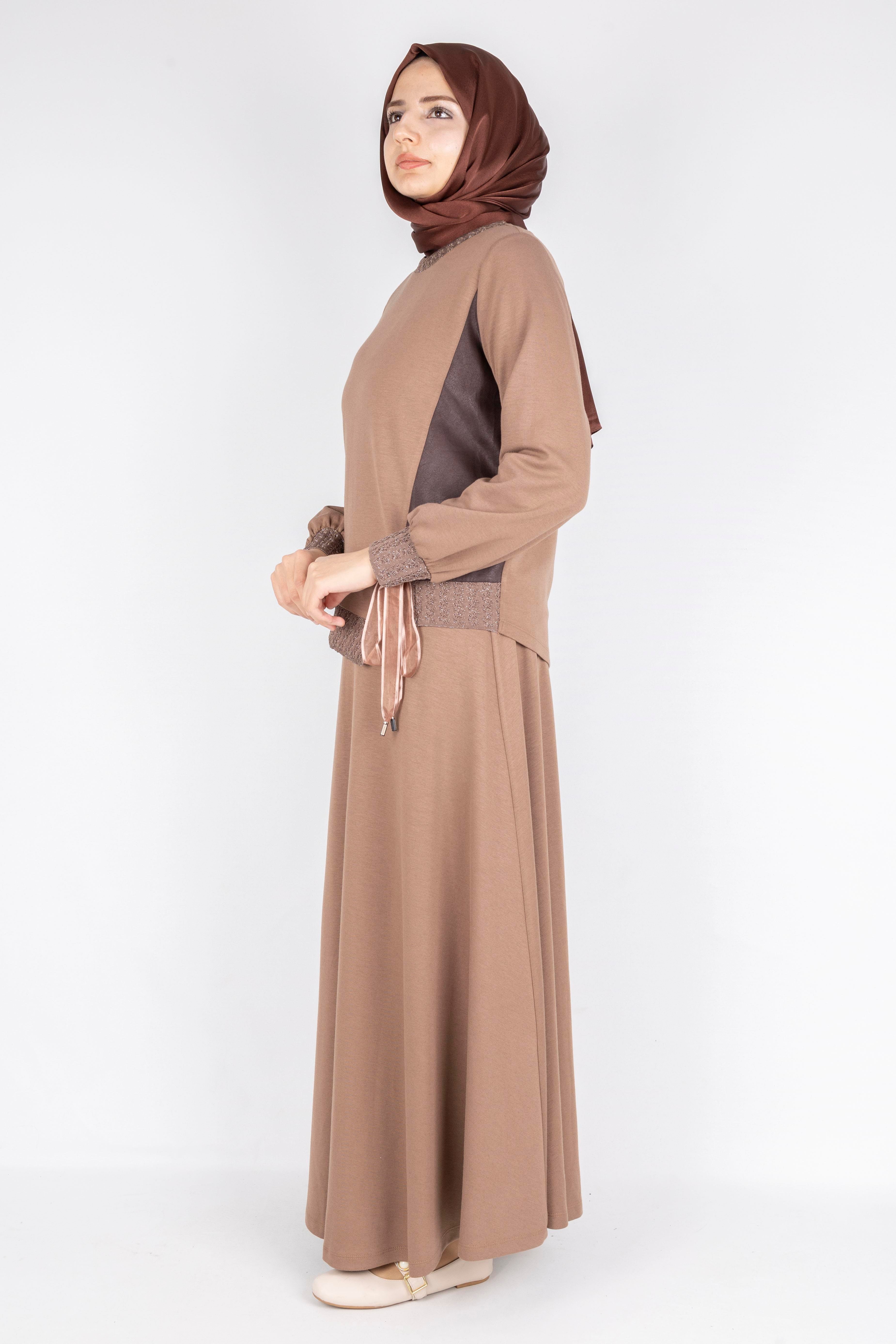 Orhan Store  Bağlamalı Kurdele Detaylı Tesettür Etekli Takım  Vizon OTW2644