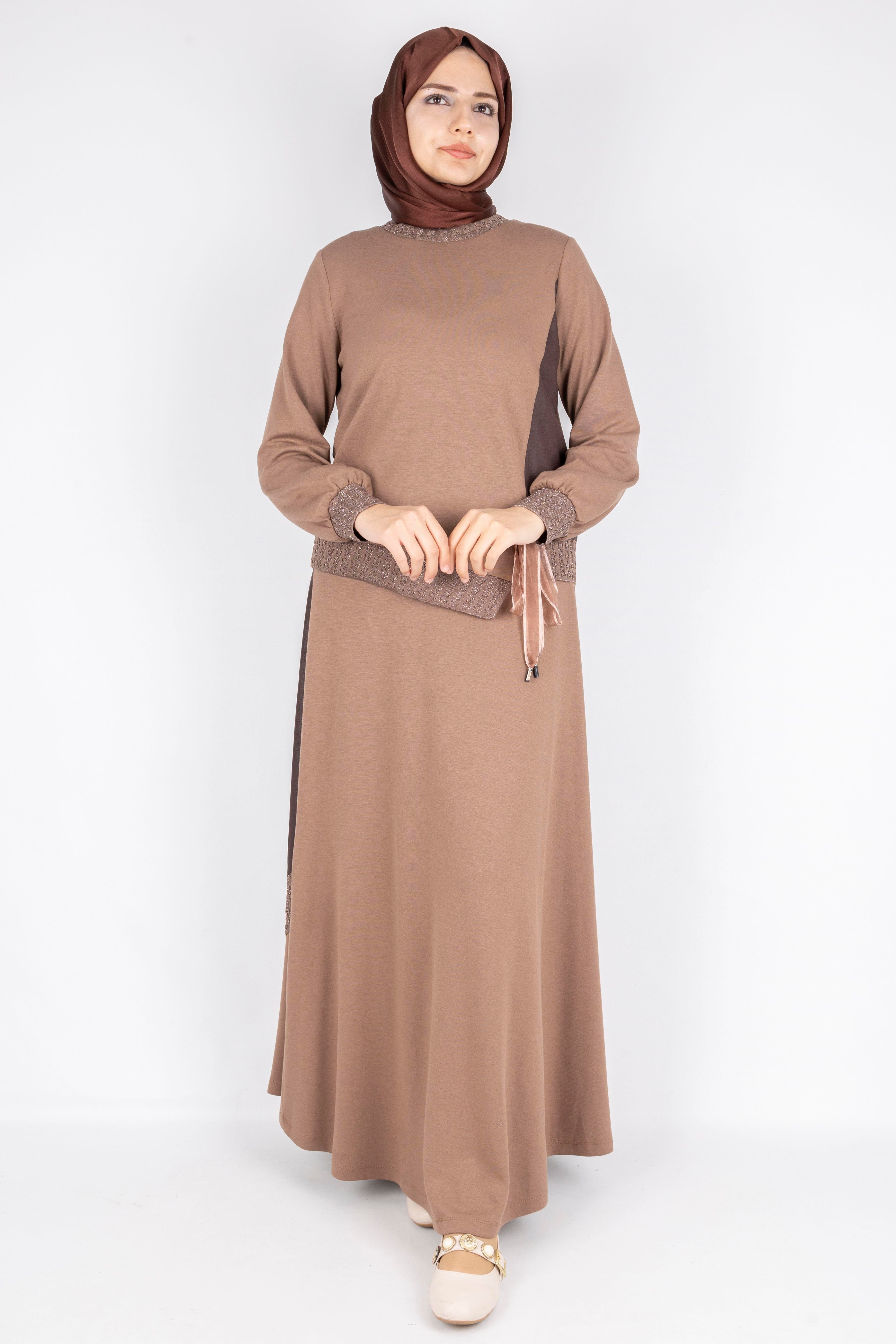 Orhan Store  Bağlamalı Kurdele Detaylı Tesettür Etekli Takım  Vizon OTW2644